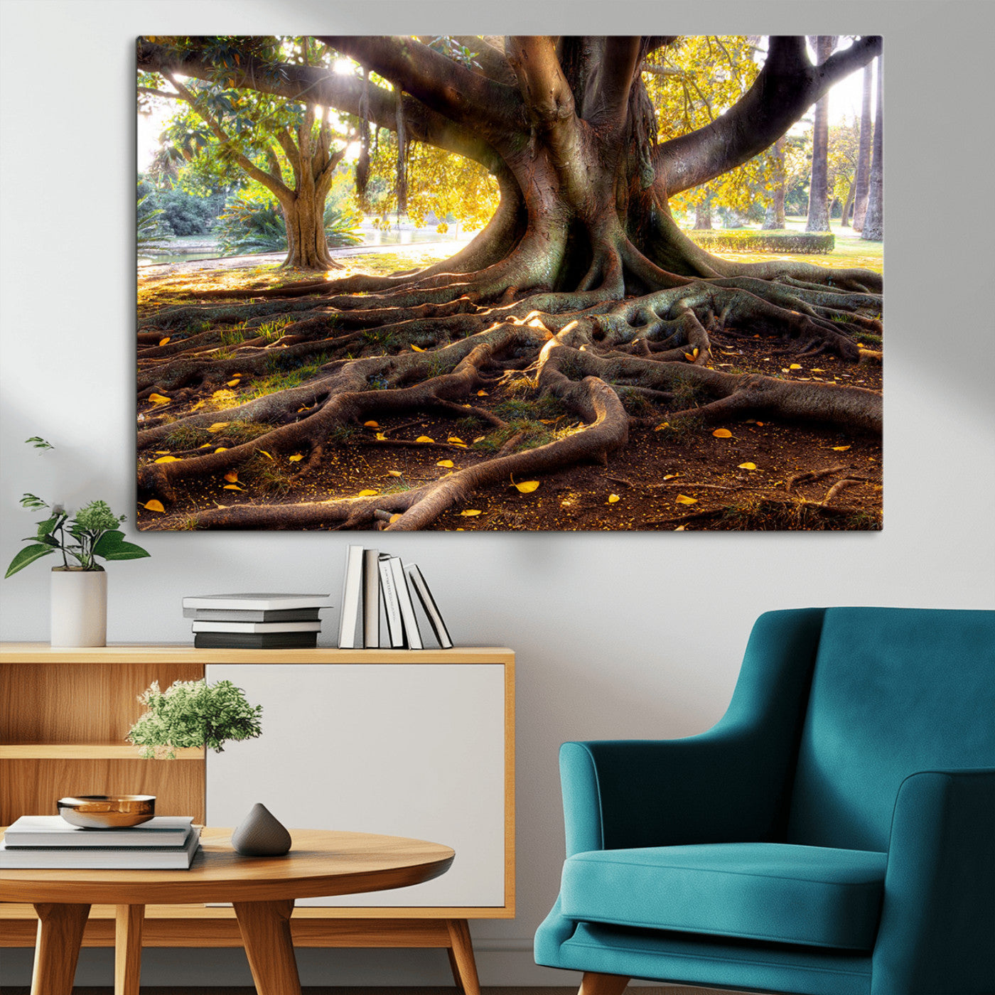 53335-MGV-CV-36X24-Majestic Tree with Sprawling Roots Wall Art – Serene Sunlit Park Scene, Nature Canvas Print, Perfect for Living Room, Office or