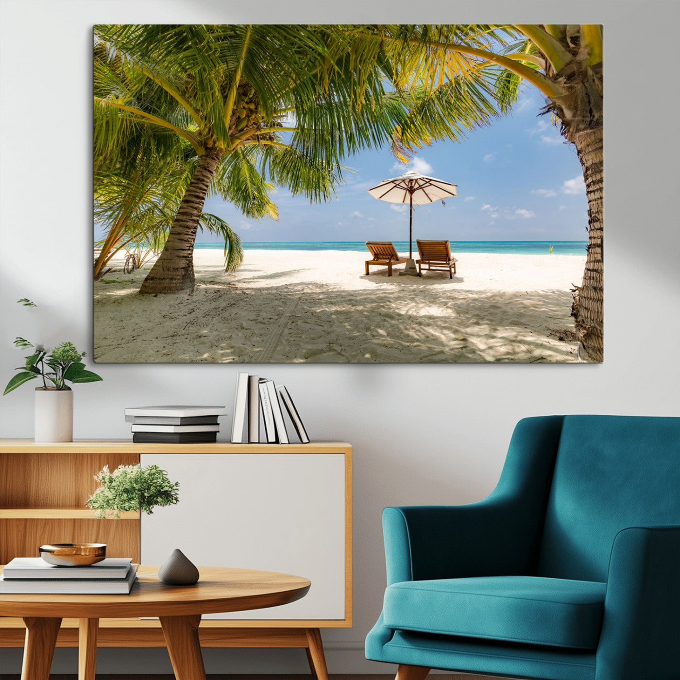 83601-MGV-CV-36X24-Tropical Beach Wall Art – Serene Palm Trees and Lounge Chairs Canvas Print, Relaxing Coastal Decor for Living Room, Bedroom or