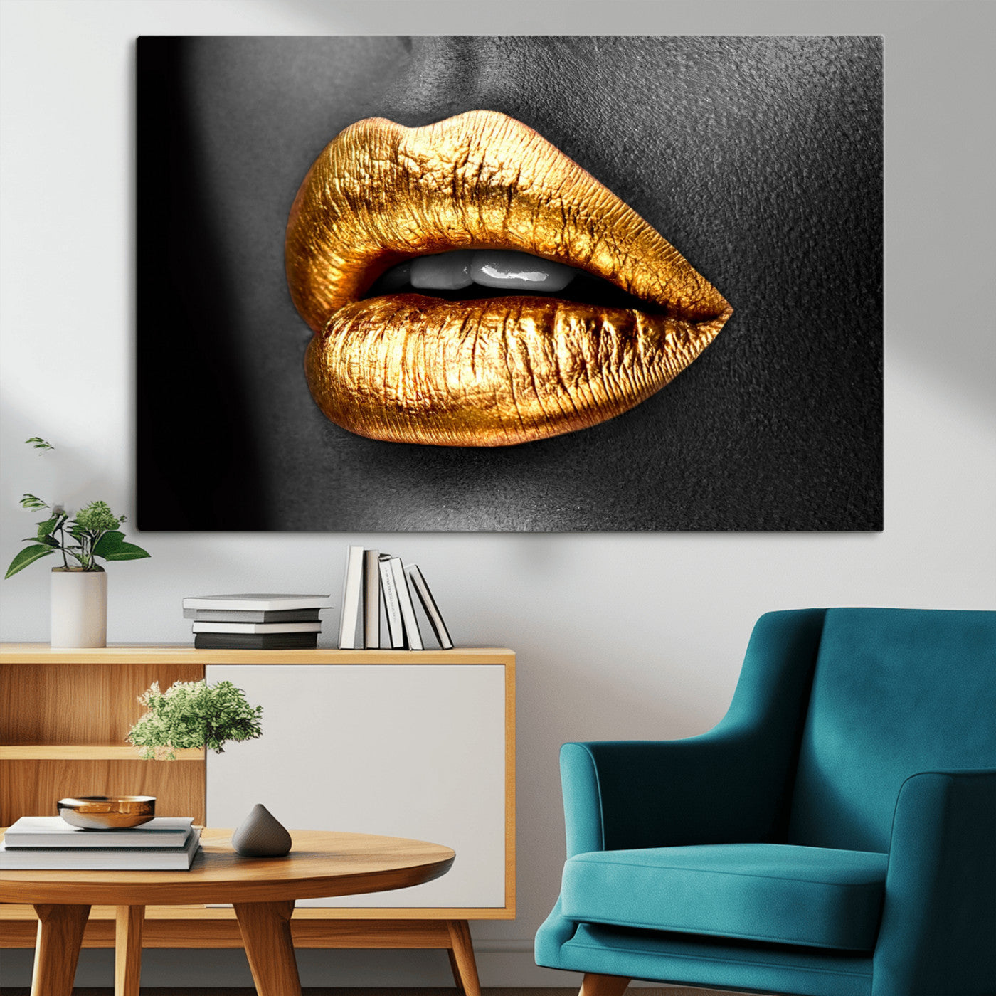 84747-MGV-CV-36X24-Golden Lips Black & White Portrait – Glamorous Metallic Lip Art Print, Modern Wall Decor for Bedroom, Beauty & Fashion Lover Gift