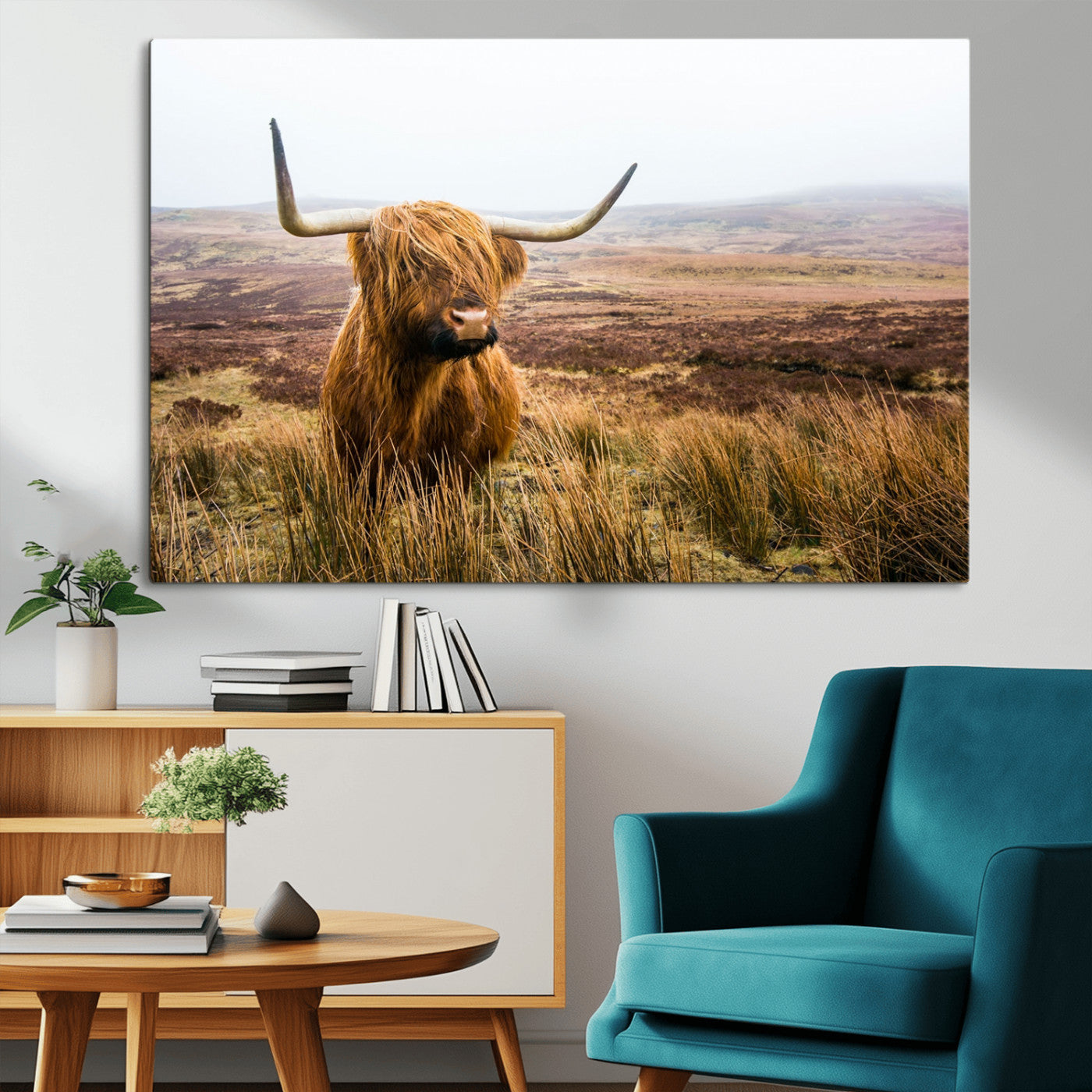 79391-MGV-CV-36X24-Majestic Highland Cow in Misty Scottish Moorland – Rustic Natural Charm, Perfect for Unique Home or Office Decor