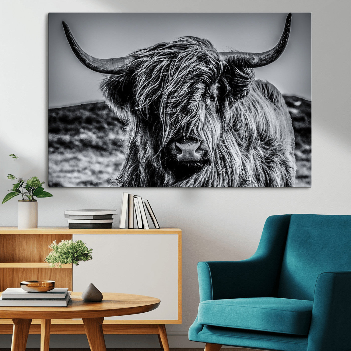 97372-MGV-CV-36X24-Elegant Highland Cow Wall Art – Black and White Canvas Print, Rustic Nature Decor for Home, Office, Living Room or Man Cave