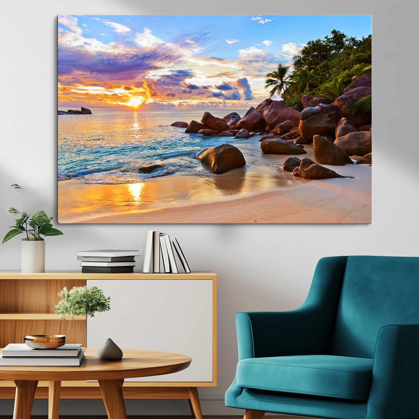 43209-MGV-CV-36X24-Tropical Beach Sunset Wall Art – Golden Ocean Waves and Palm Trees with Rocky Shore Canvas Print, Coastal Seascape Decor for