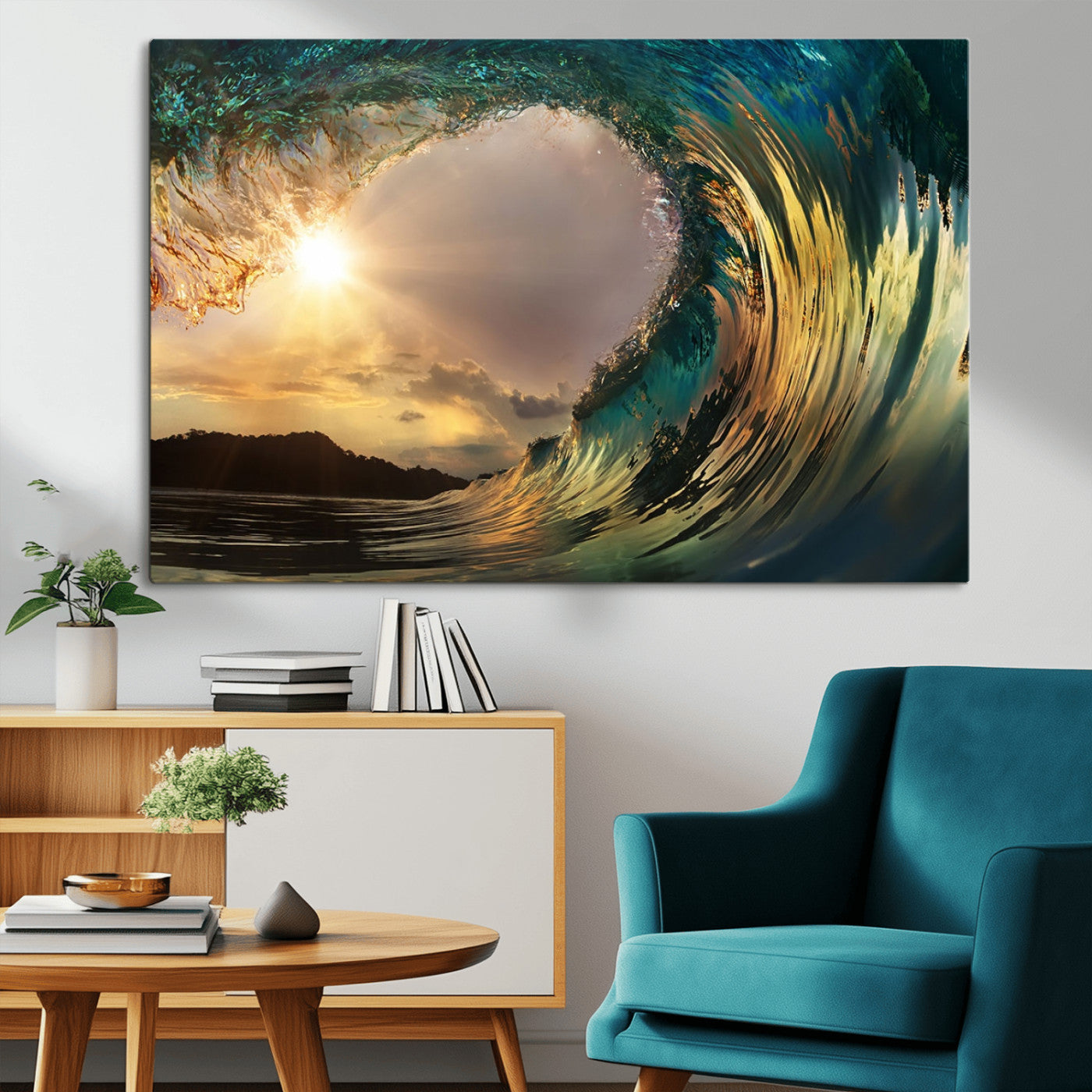 38256-MGV-CV-36X24-Ocean Wave Wall Art – Stunning Sunrise Through Curling Wave Canvas Print, Coastal Surf Photography Seascape Decor for Living Room,