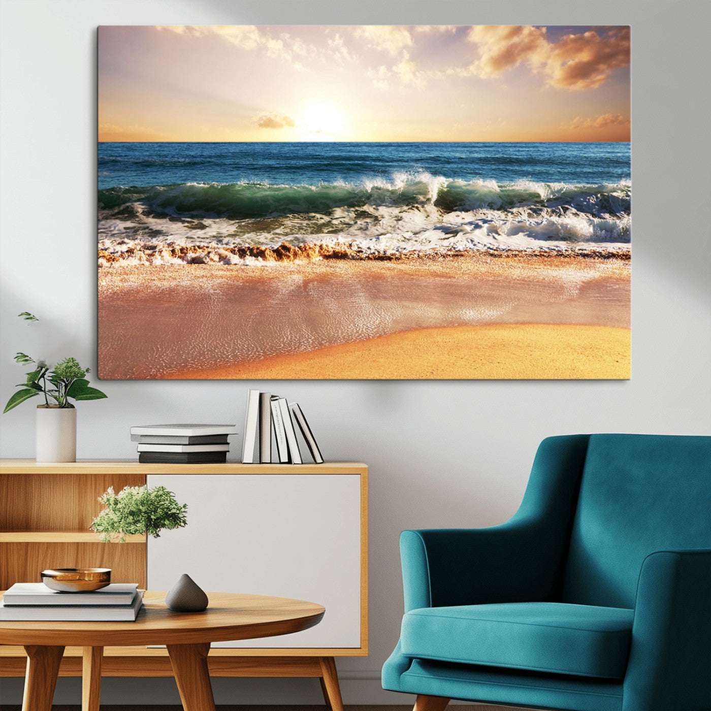 79005-MGV-CV-36X24-Golden Sunrise Ocean Waves Wall Art – Panoramic Seashore Canvas Print, Calming Coastal Decor for Home, Office or Relaxation Space