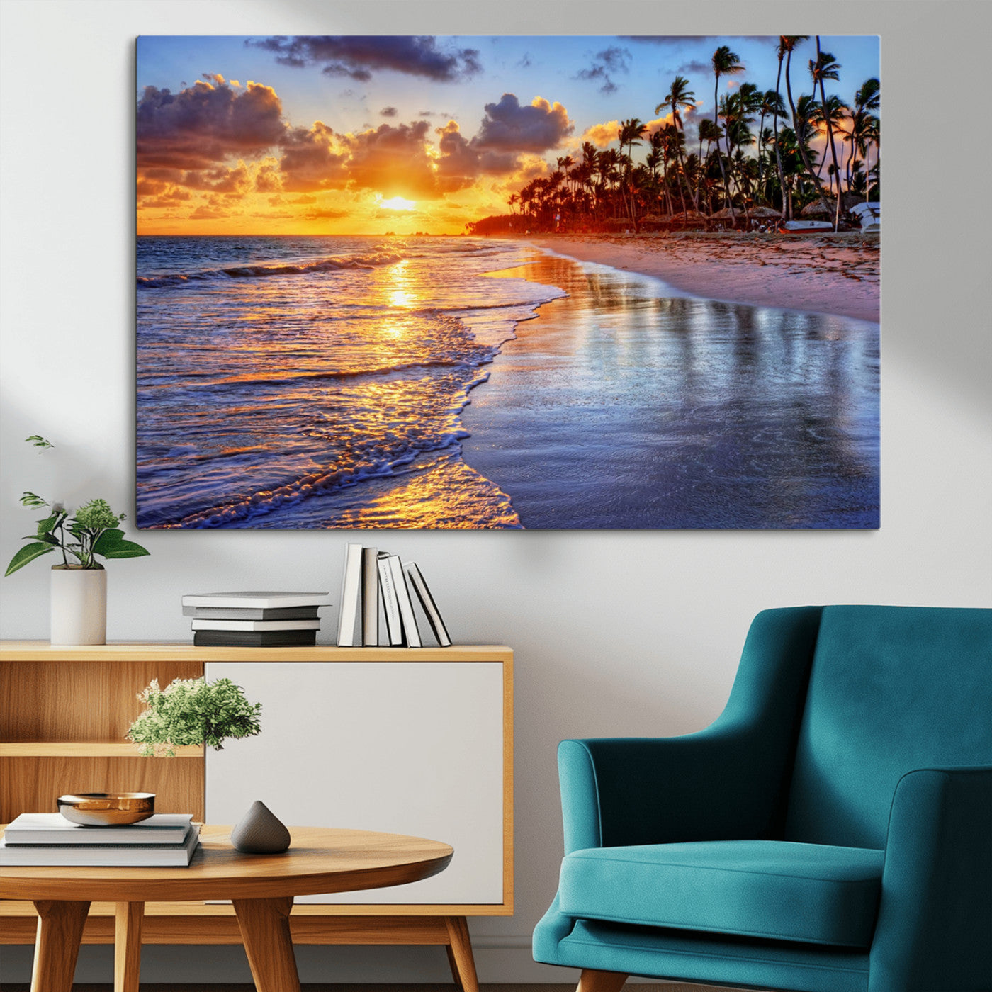 19917-MGV-CV-36X24-Tropical Sunset Beach Wall Art – Panoramic Palm Trees and Ocean Canvas Print, Vibrant Coastal Decor for Living Room, Office or Man