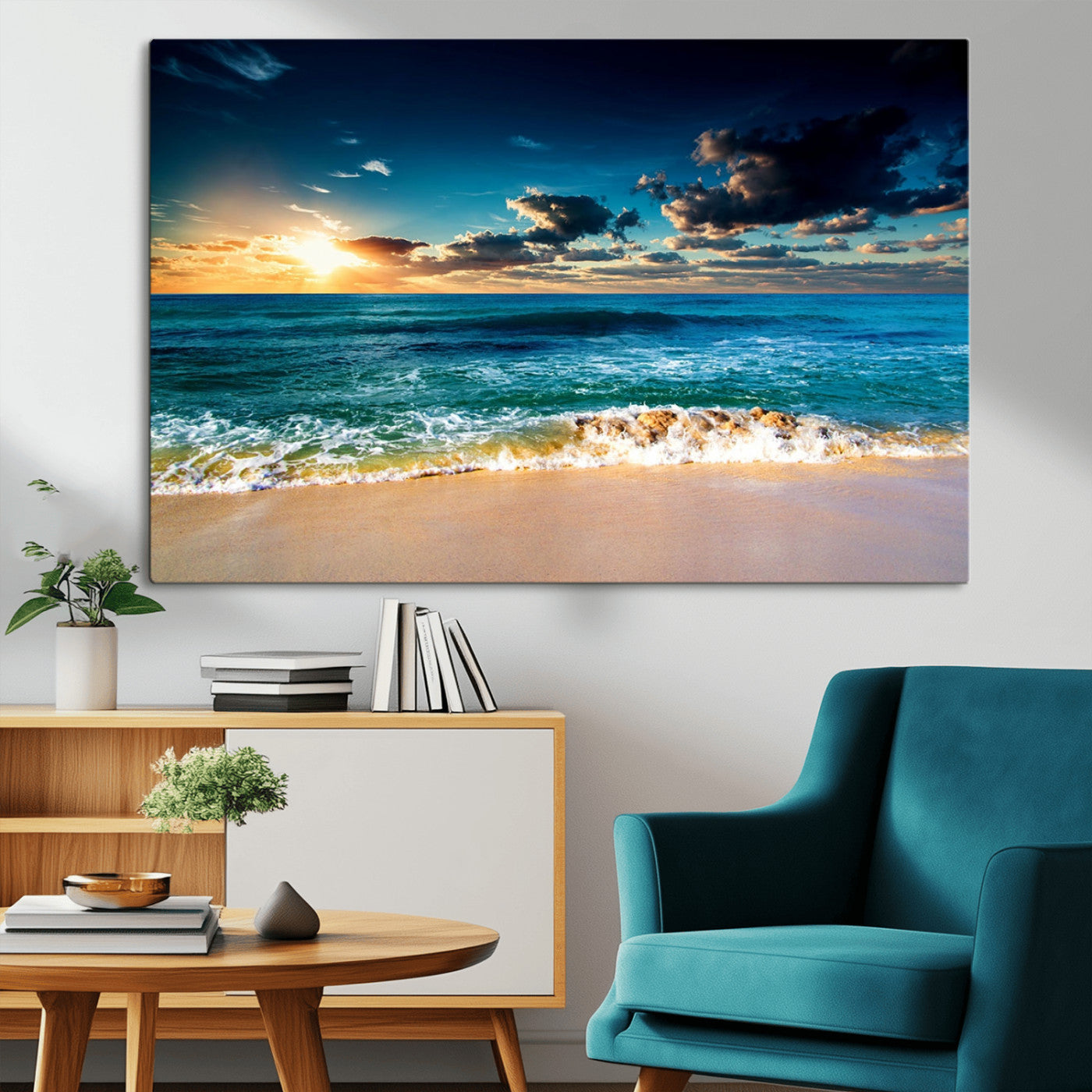 88985-MGV-CV-36X24-Ocean Sunset Wall Art – Tranquil Beach Waves Canvas Print, Coastal Seascape Decor for Living Room or Office