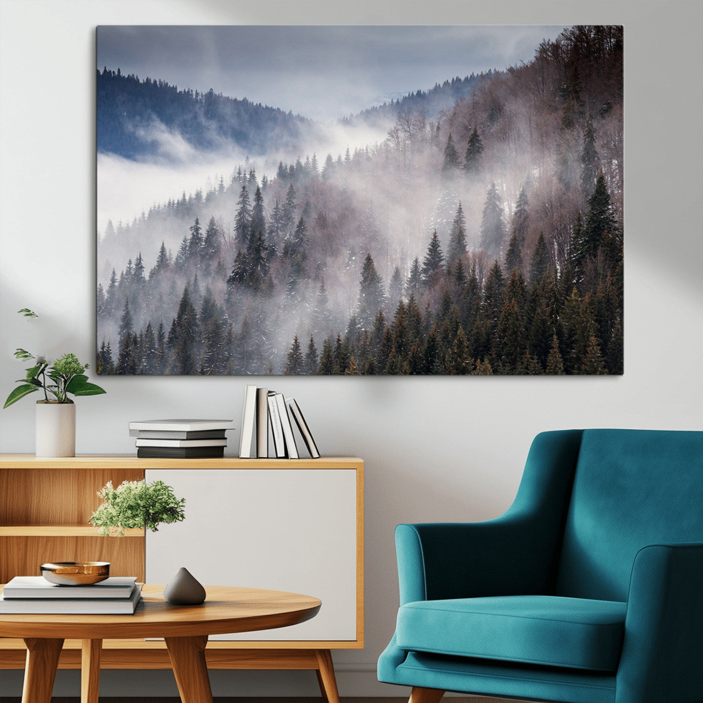 18459-MGV-CV-36X24-Misty Pine Forest Wall Art – Serene Mountain Landscape Canvas Print, Tranquil Nature Artwork for Living Room, Bedroom, Cabin or
