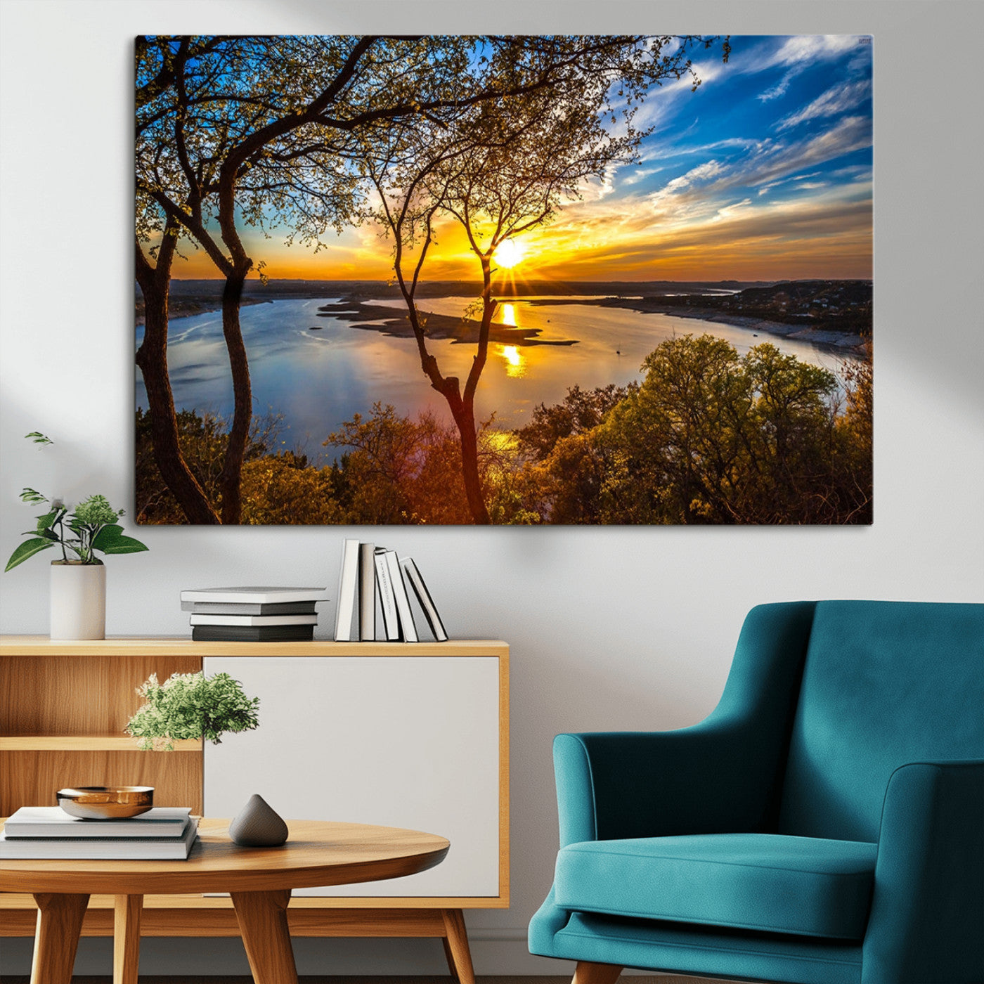 66839-MGV-CV-36X24-Lake Sunset Wall Art – Golden Hour Canvas Print with Trees and Water Reflection, Scenic Landscape Photography for Living Room,