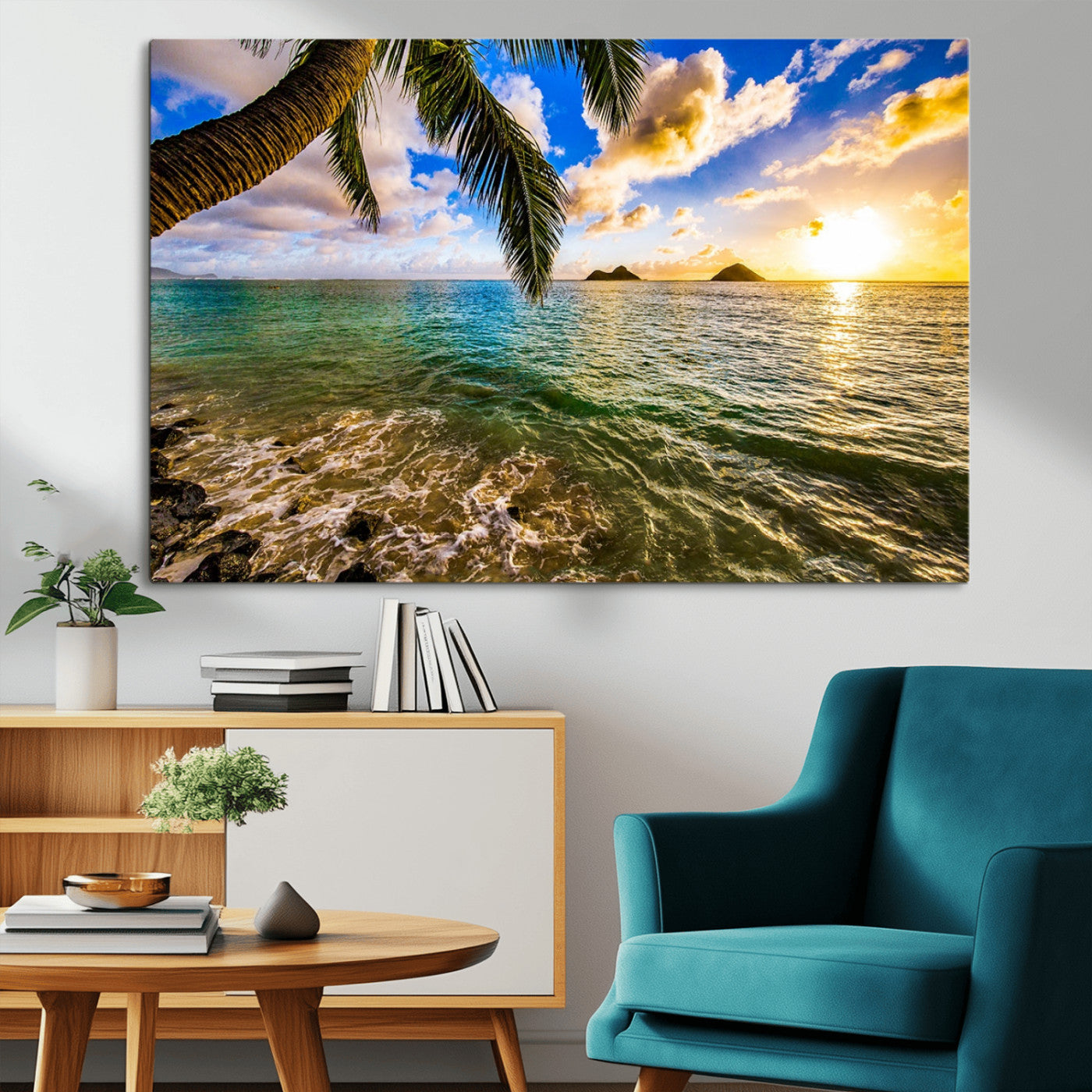 68606-MGV-CV-36X24-Tropical Palm Tree Ocean Wall Art – Sunset Beach Seascape Print, Coastal Paradise Decor for Living Room or Office