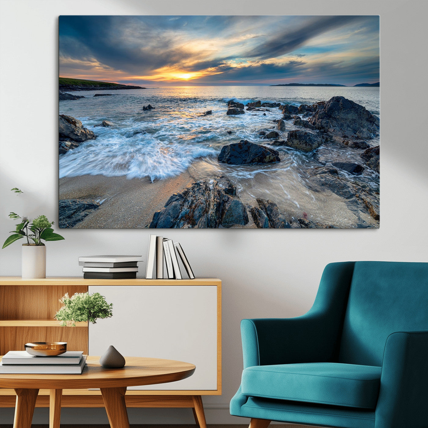 17902-MGV-CV-36X24-Rocky Shore Ocean Sunset Wall Art – Coastal Seascape Canvas Print, Nature Beach Decor for Living Room or Office