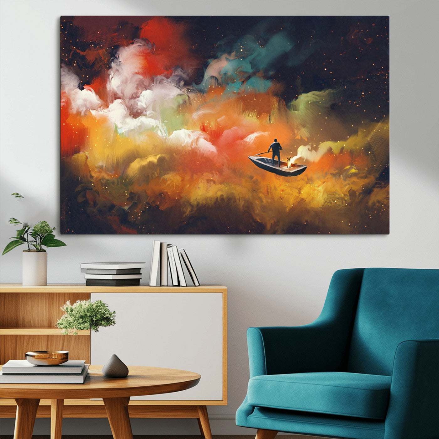 45085-MGV-CV-36X24-Surreal Cosmic Wall Art – Abstract Galaxy Dreamscape Canvas Print with Man and Dog in Boat, Fantasy Nebula Painting for Living