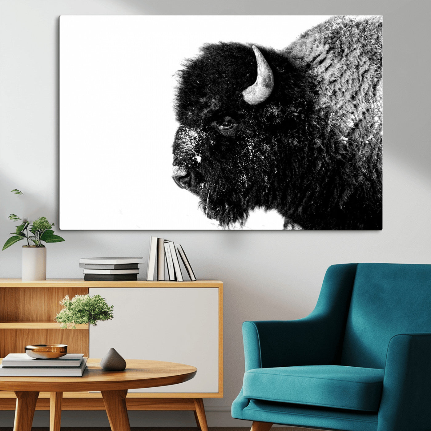 68780-MGV-CV-36X24-Bison Close-Up Wall Art – Black and White Buffalo Canvas Print, Rustic Wildlife Photography Decor for Living Room, Office, or
