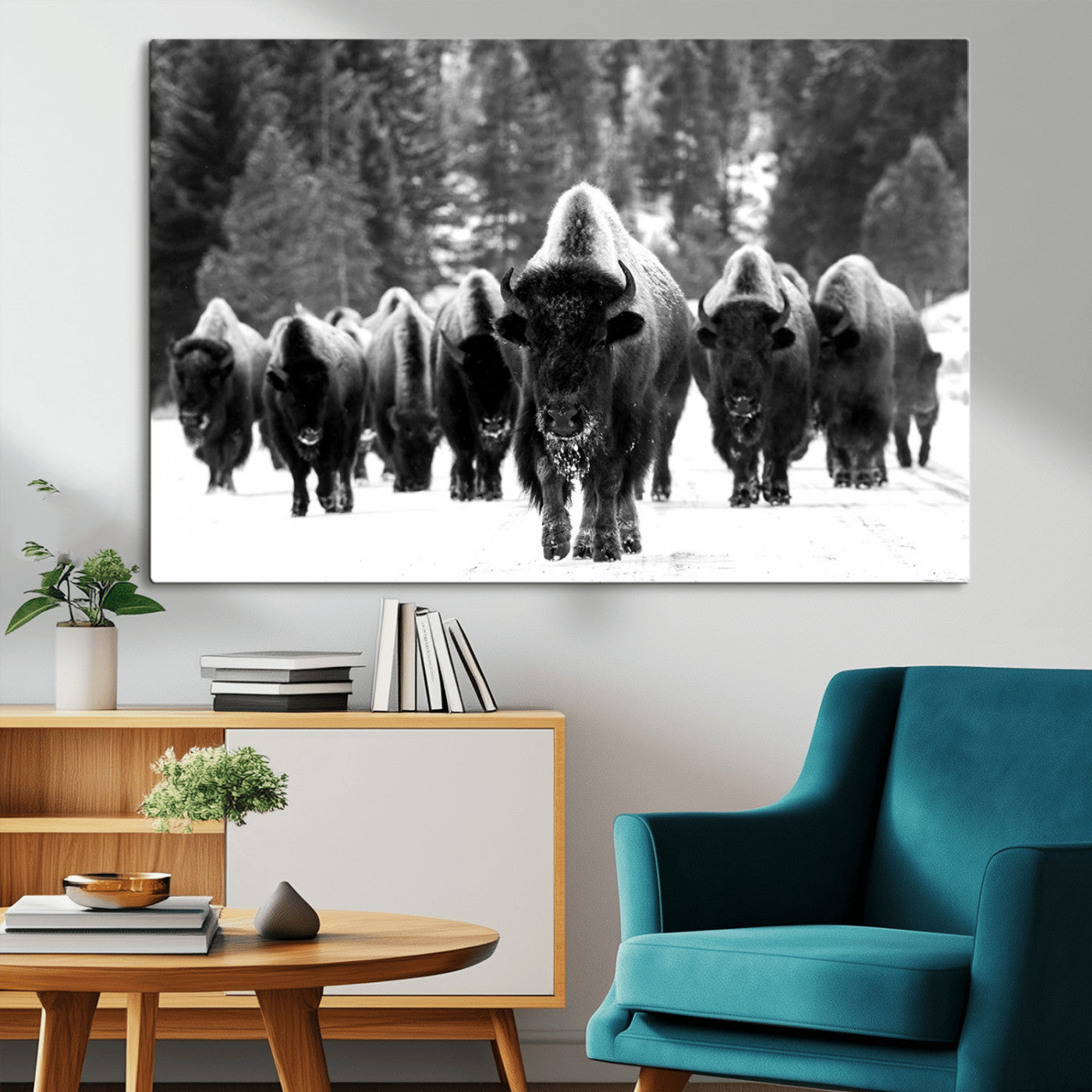 62434-MGV-CV-36X24-Bison Herd Wall Art – Majestic Black and White Buffalo Canvas Print, Wildlife Nature Photography Decor for Living Room, Office or