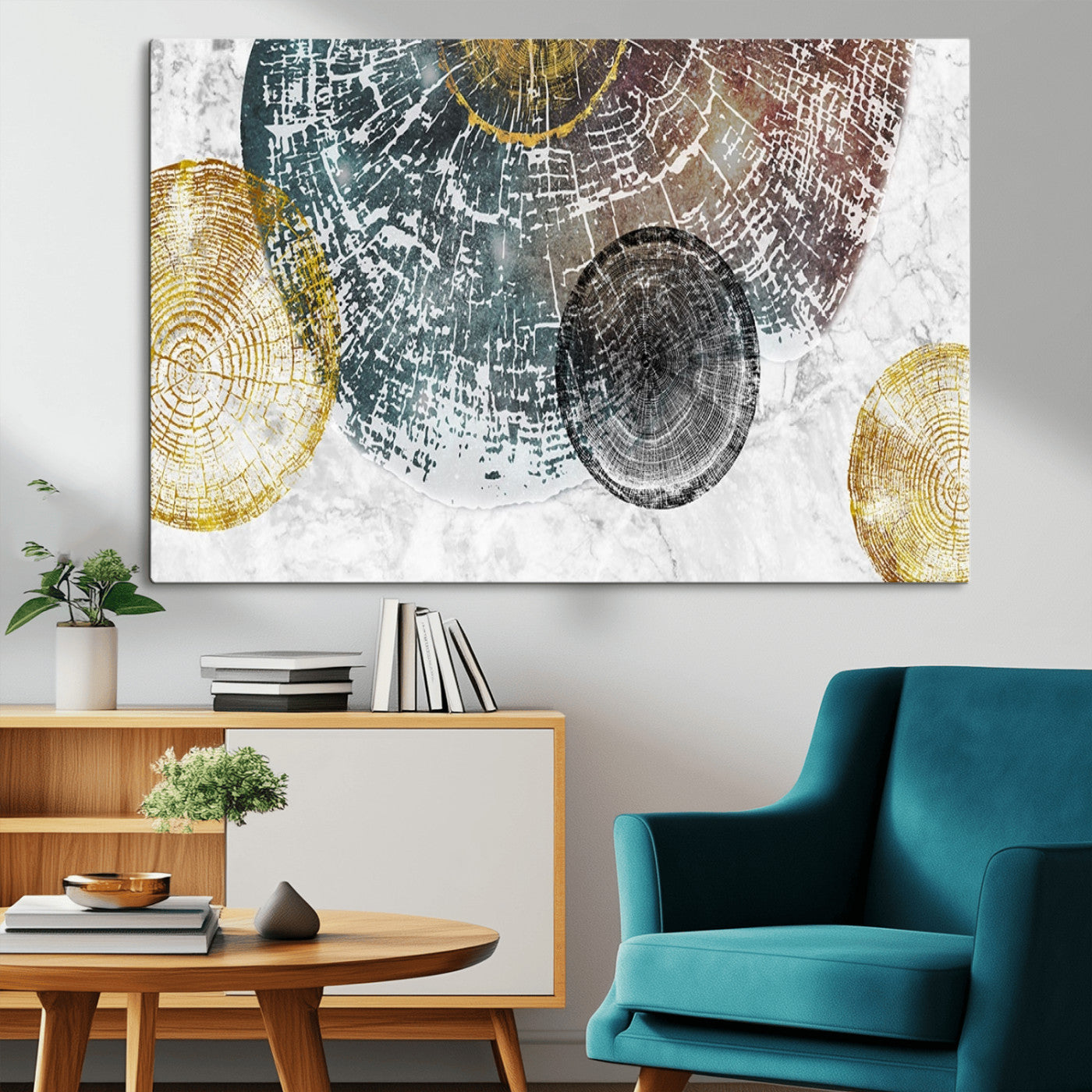 70653-MGV-CV-36X24-Abstract Tree Ring Wall Art – Modern Rustic Wood Slice Canvas Print with Gold Accents, Contemporary Nature Decor for Living Room,