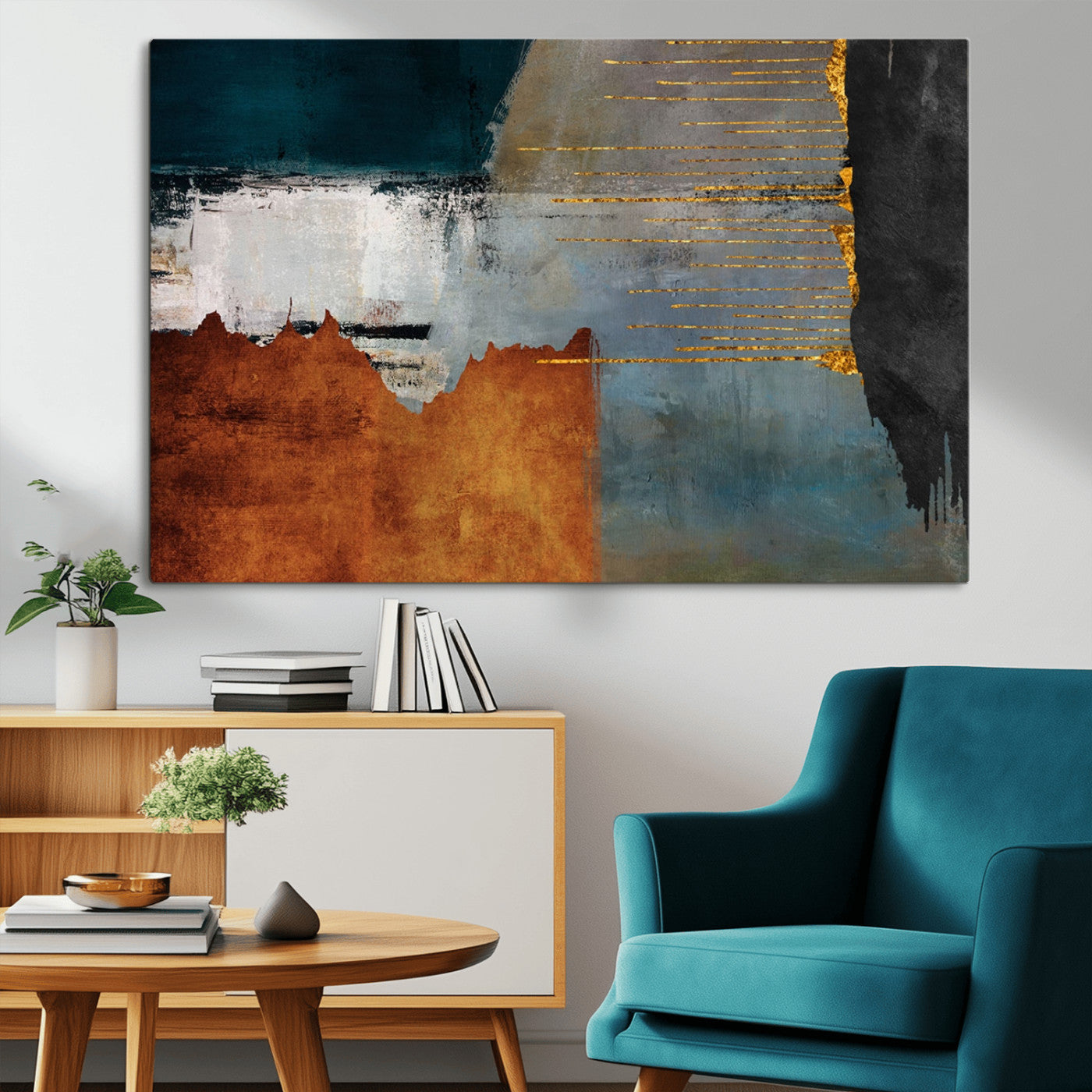 35026-MGV-CV-36X24-Abstract Canvas Wall Art – Modern Teal, Rust, Black and Gold Textured Painting, Contemporary Decor for Living Room, Bedroom