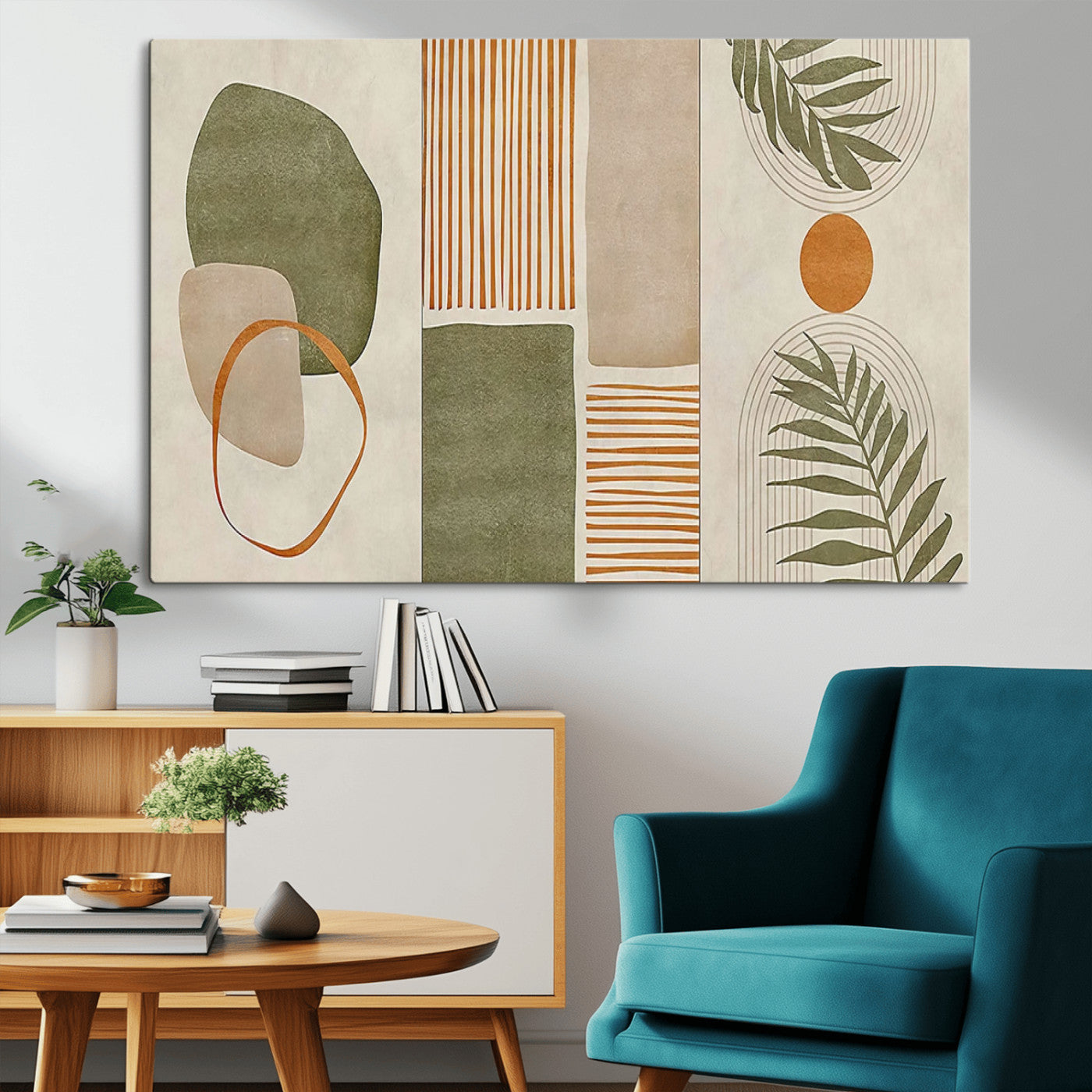 96002-MGV-CV-36X24-Abstract Geometric Wall Art – Modern Canvas Print with Green, Orange & Beige Shapes, Minimalist Home Decor for Living Room, Office