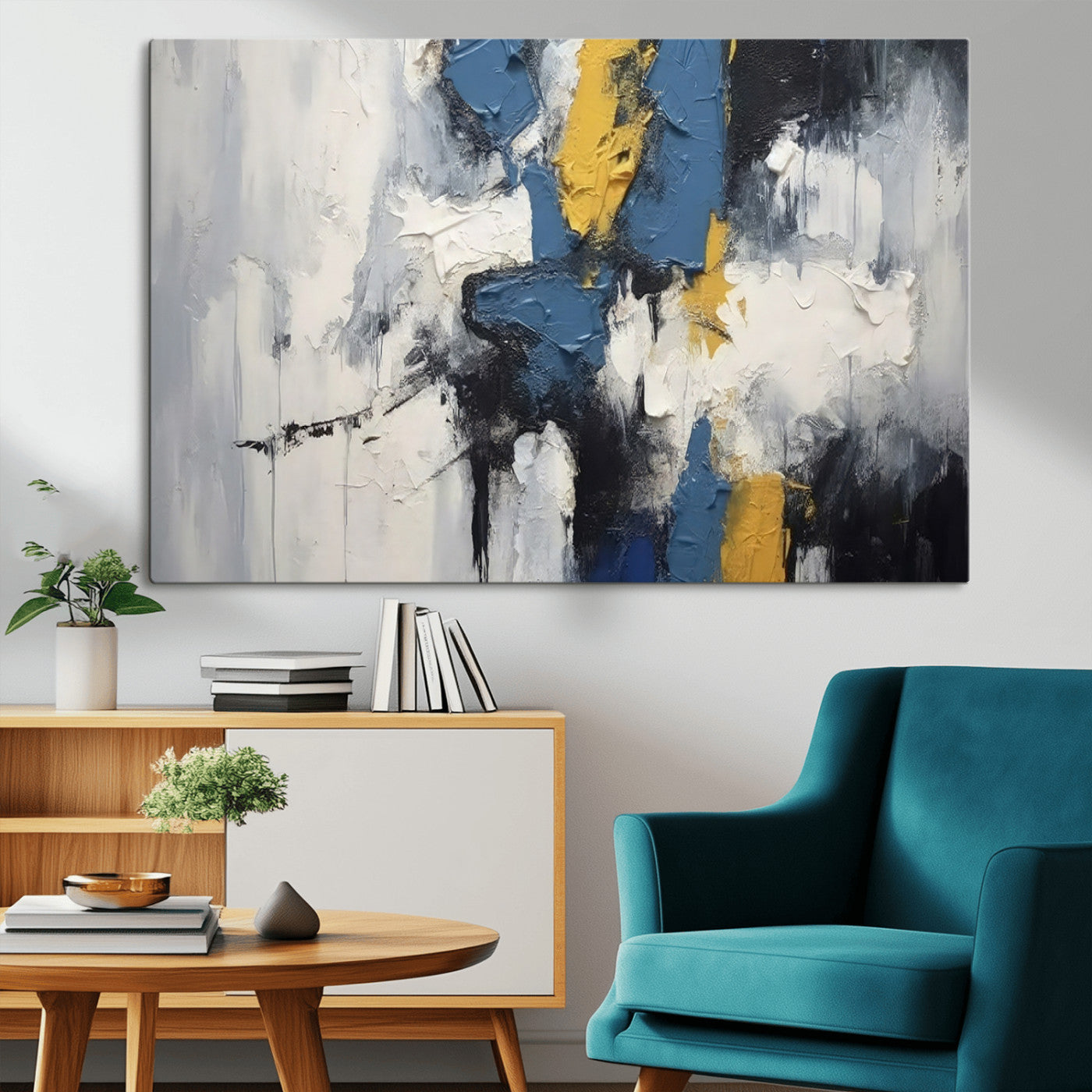 63850-MGV-CV-36X24-Abstract Blue and Yellow Wall Art – Modern Textured Canvas Painting, Bold Contemporary Artwork for Living Room, Bedroom or Office