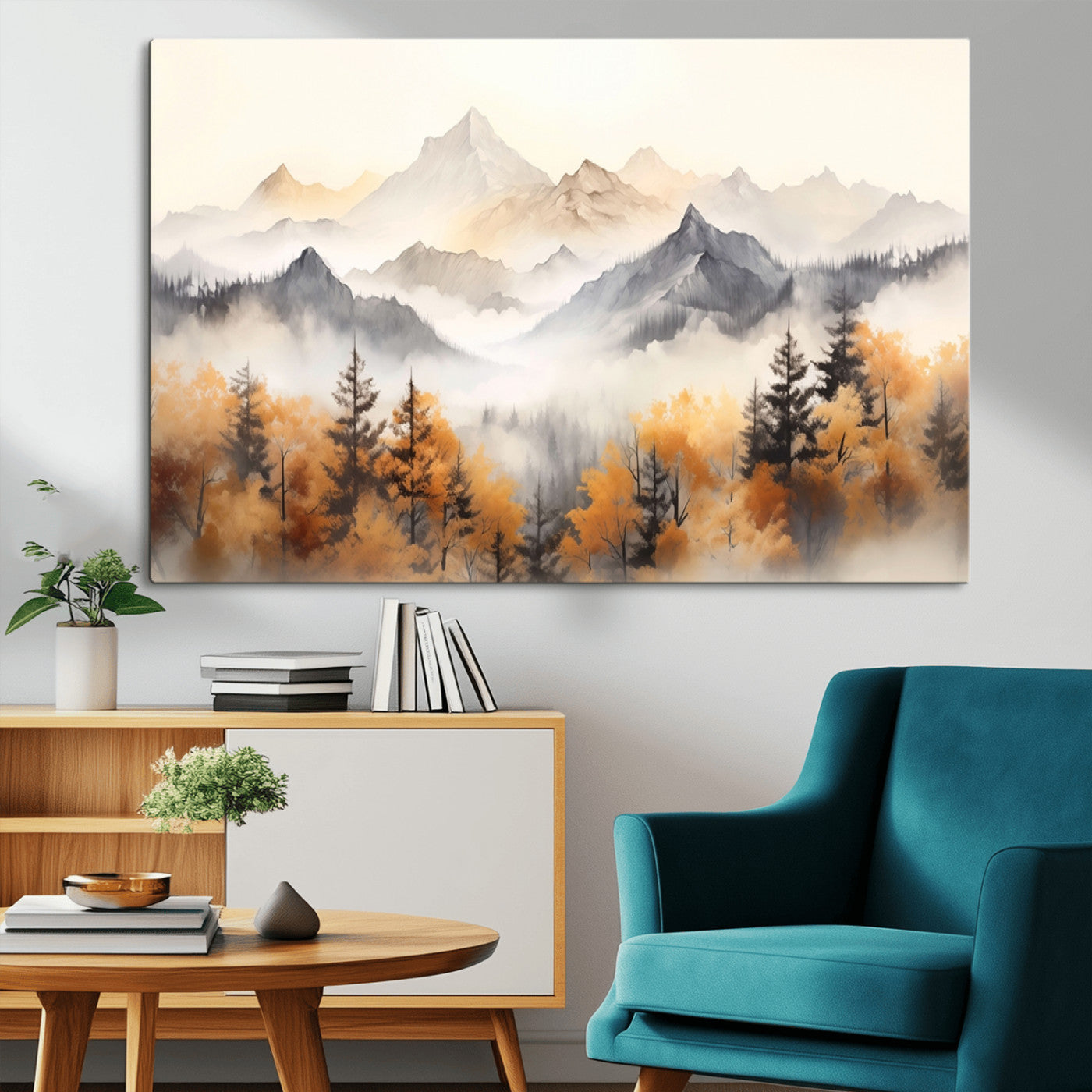 70049-MGV-CV-36X24-Autumn Mountain Forest Wall Art – Misty Landscape Canvas Print, Rustic Nature Inspired Decor for Living Room, Bedroom or Office