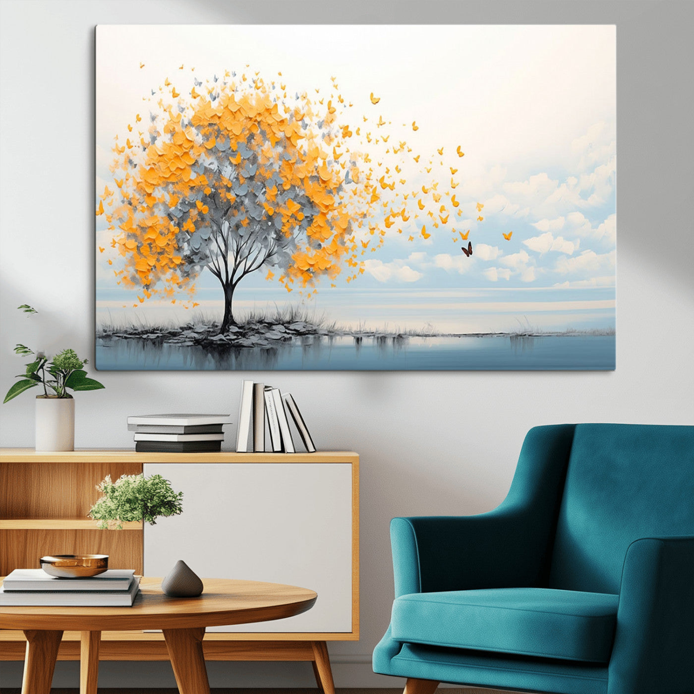 23385-MGV-CV-36X24-Golden Butterfly Tree Wall Art – Abstract Yellow and Gray Canvas Print, Modern Nature Artwork for Living Room, Bedroom or Office
