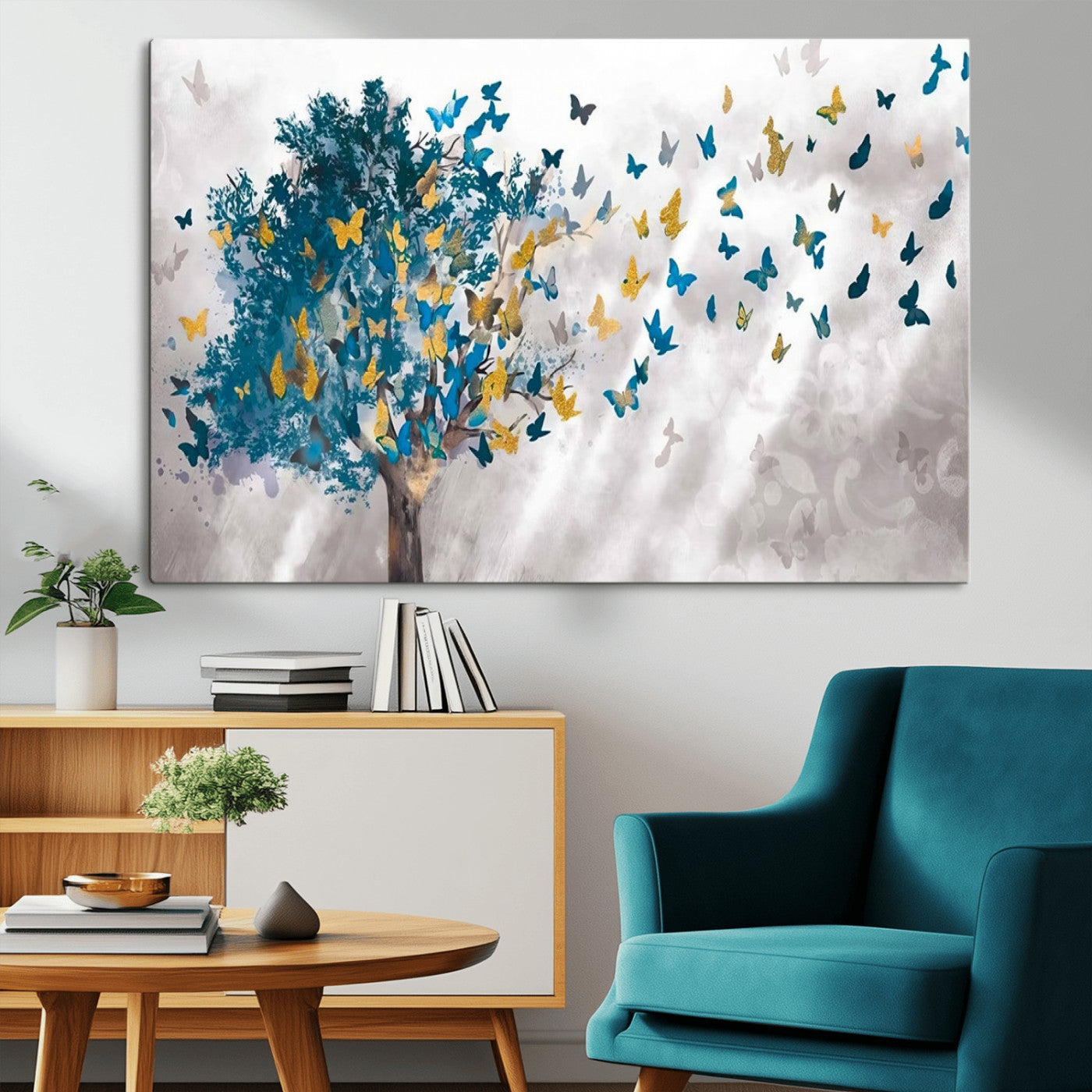 37564-MGV-CV-36X24-Butterfly Tree Wall Art – Modern Nature Canvas Print with Blue and Golden Butterflies, Elegant Decorative Painting for Living Room