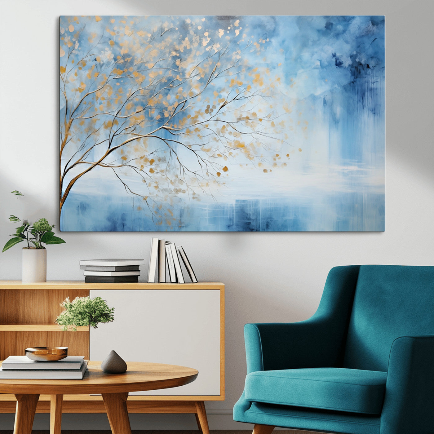 23891-MGV-CV-36X24-Abstract Tree Wall Art – Minimalist Blue and Gold Canvas Painting, Elegant Nature-Inspired Artwork for Living Room, Bedroom or
