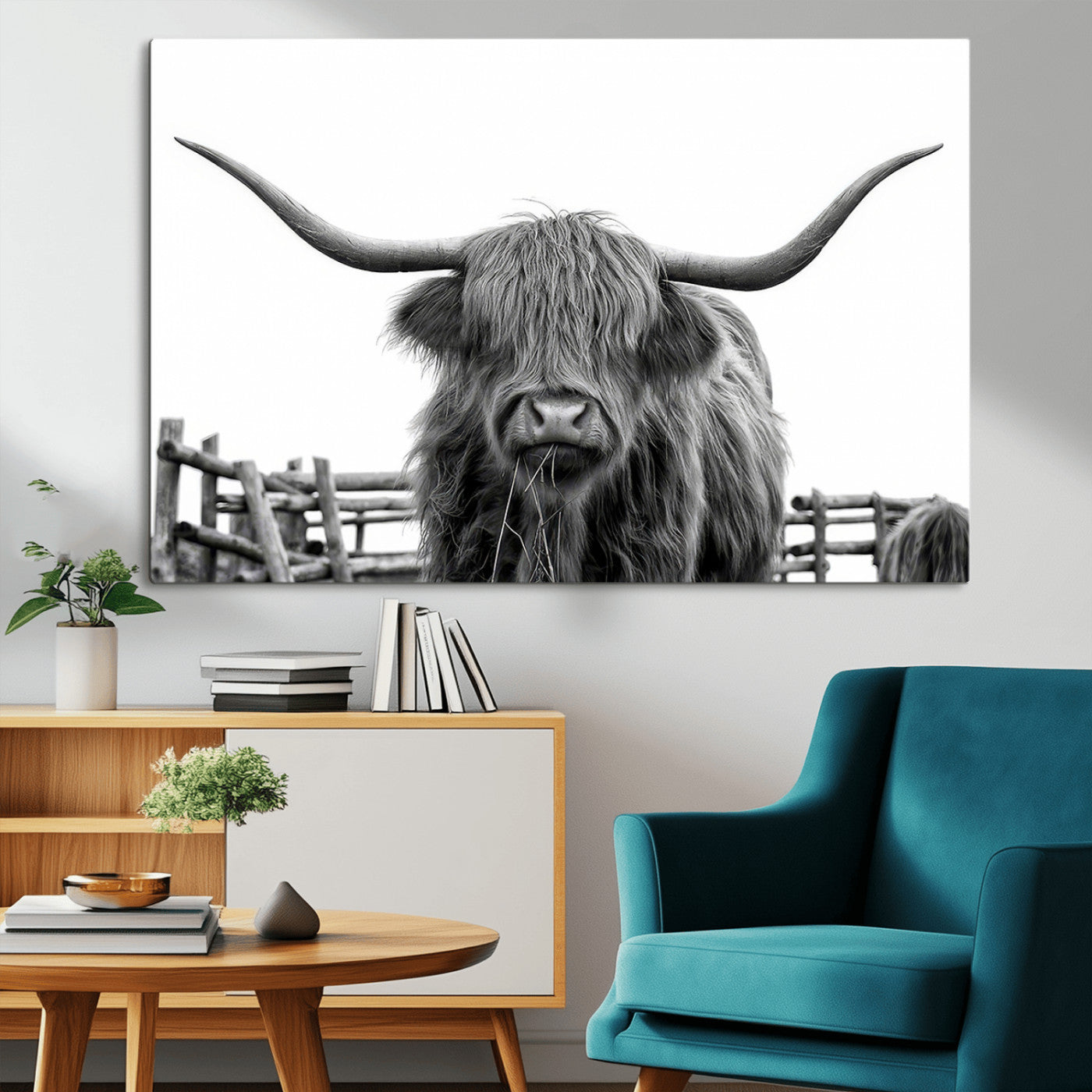 58188-MGV-CV-36X24-Highland Cow Wall Art – Black and White Rustic Farmhouse Canvas Print, Longhorn Cattle Photography Decor for Living Room or