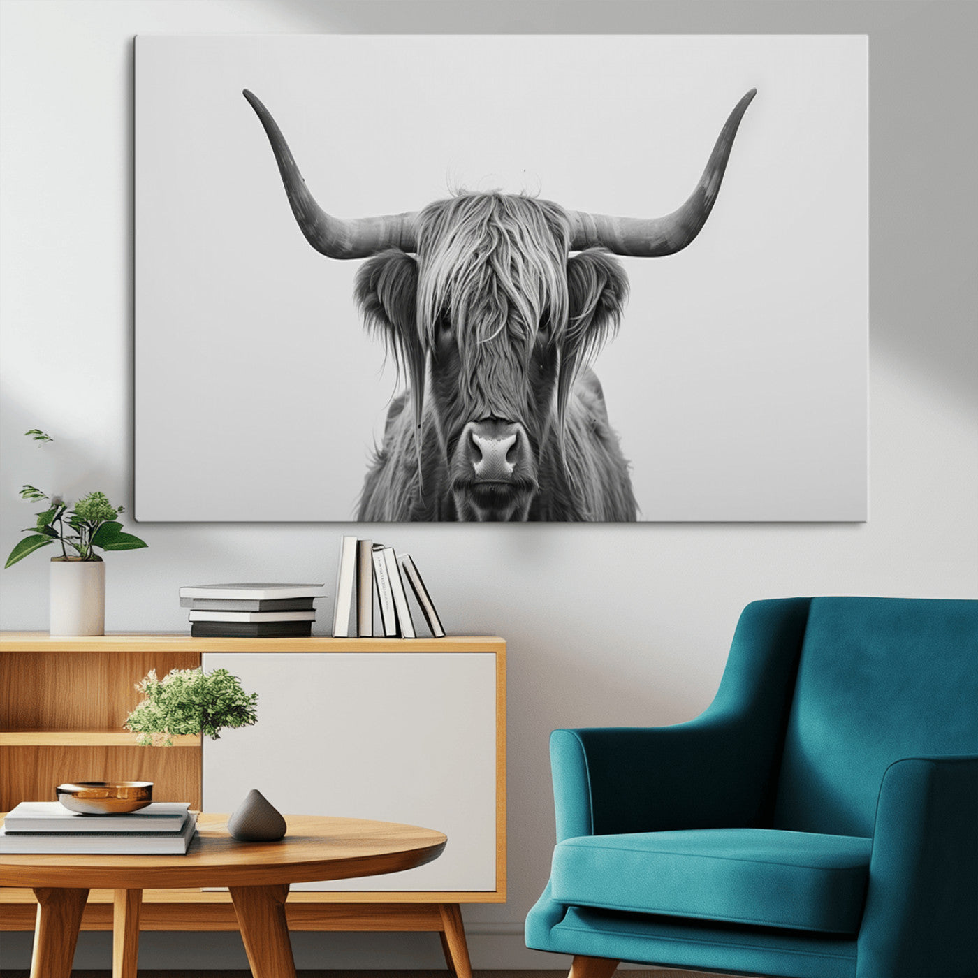 35820-MGV-CV-36X24-Minimalist Highland Cow Wall Art – Black and White Longhorn Cattle Canvas Print, Modern Farmhouse Animal Photography Decor for