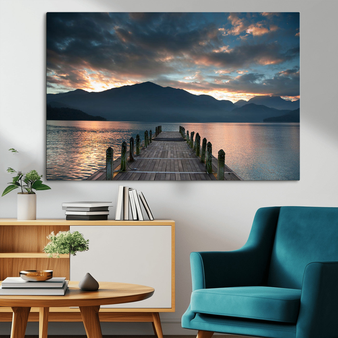 20442-MGV-CV-36X24-Lakeside Sunset Dock Wall Art – Peaceful Mountain Lake Canvas Print, Serene Nature Landscape Decor for Living Room, Bedroom or