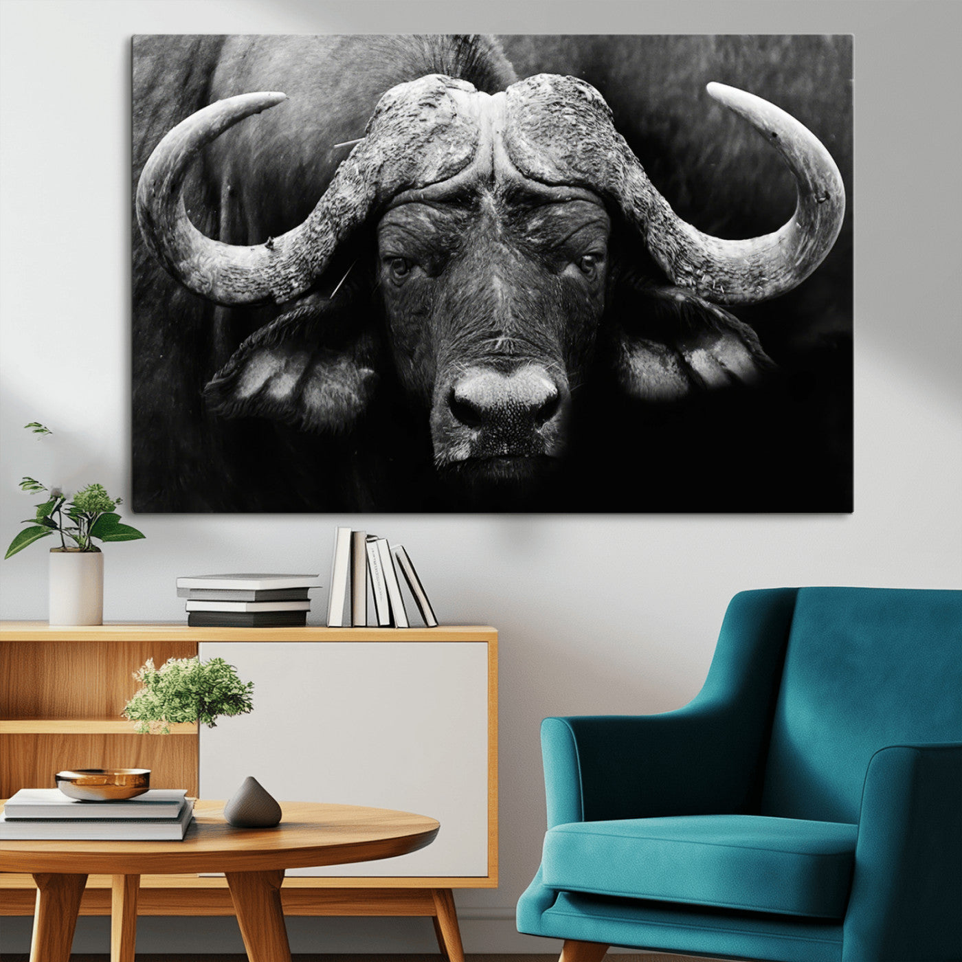 75273-MGV-CV-36X24-Buffalo Wall Art – Black and White African Buffalo Canvas Print, Rustic Wildlife Animal Artwork for Farmhouse, Living Room,