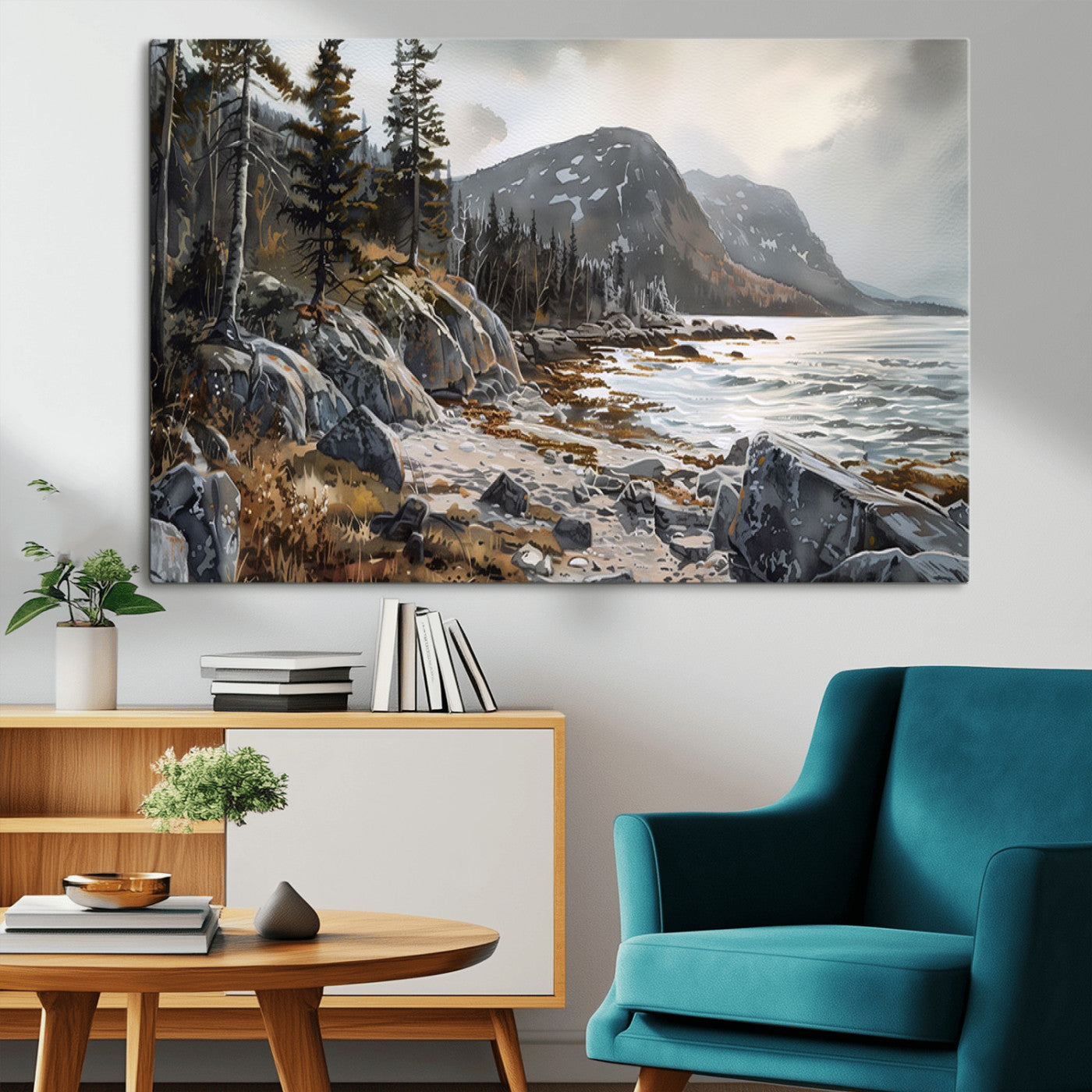 41281-MGV-CV-36X24-Rocky Shoreline Wall Art – Panoramic Mountain Coast and Forest Canvas Print, Rustic Nature Landscape Decor for Cabin, Lodge, or