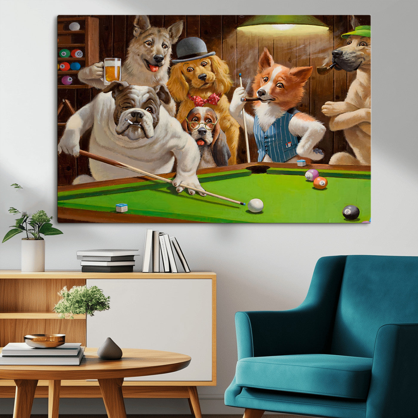 34228-MGV-CV-36X24-Dogs Playing Pool Wall Art Canvas Print, Framed Funny Dog Art Picture Print, Dog Perfect Game Room Decor Artwork