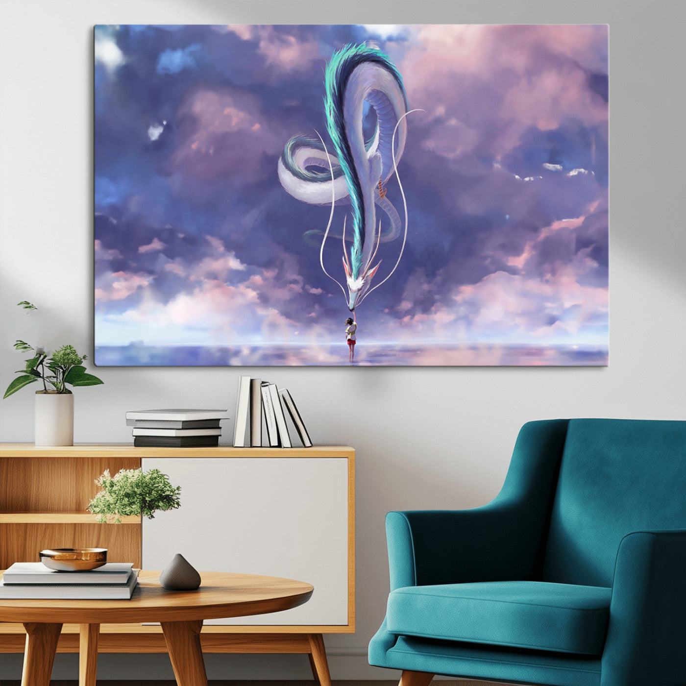 66864-MGV-CV-36X24-Fantasy Dragon Wall Art – Mystical Canvas Print Girl and Sky Serpent Dreamlike Clouds, Magical Anime Inspired Decor for Living