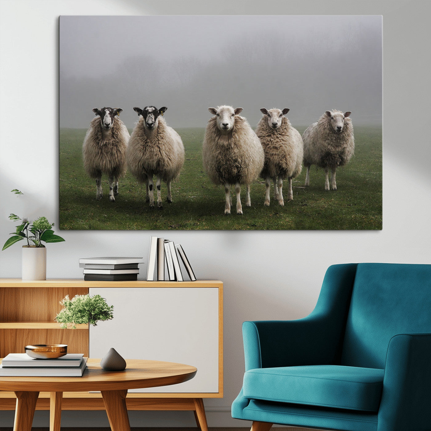 87339-MGV-CV-36X24-Sheep Wall Art – Rustic Farmhouse Canvas Print Flock Standing Misty Field Countryside Photography, Country Animal Decor for Living