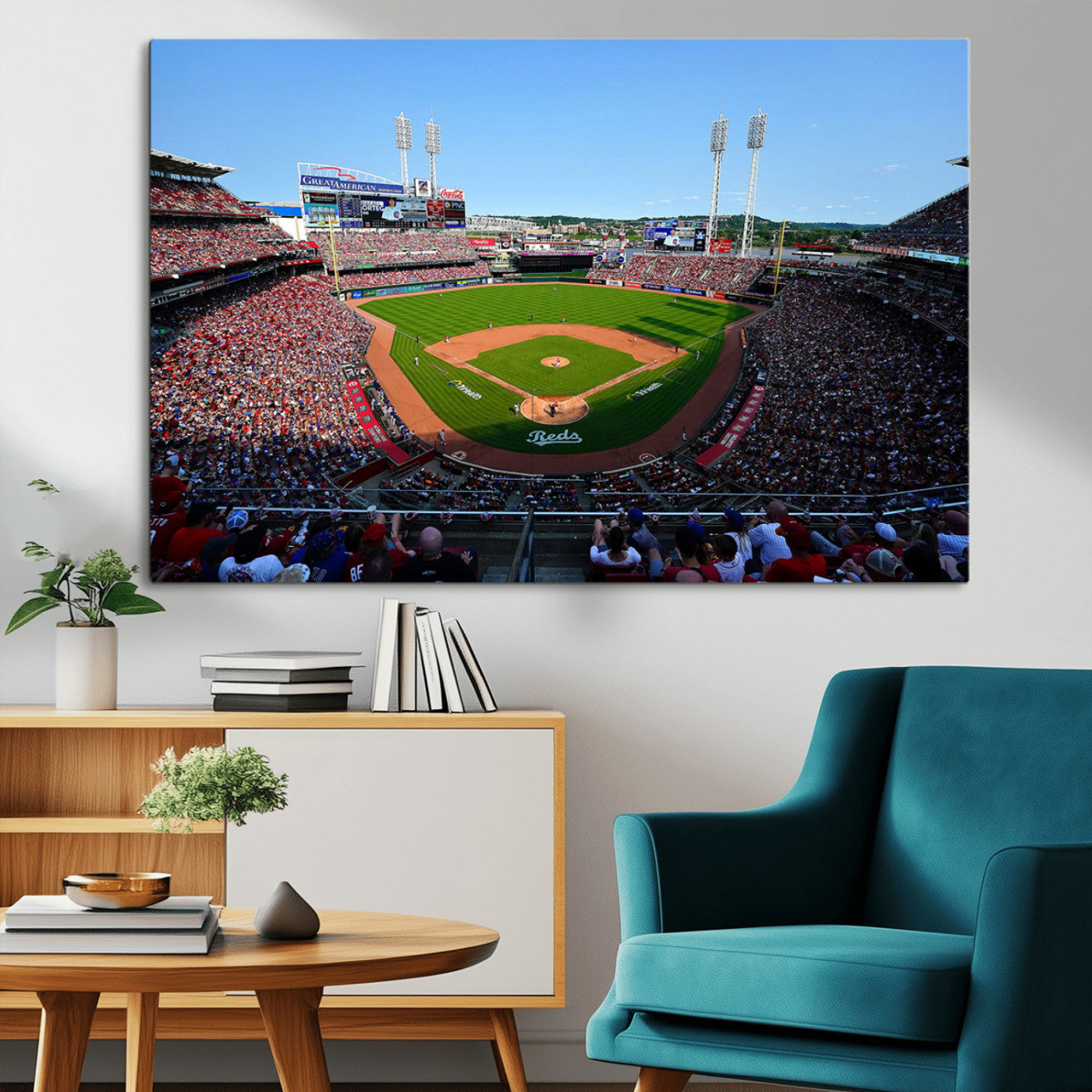 90998-MGV-CV-36X24-Baseball Stadium Wall Art – Canvas Print Day Game Field Packed Crowd Bright Blue Sky Sports Photography, Classic Decor for Game