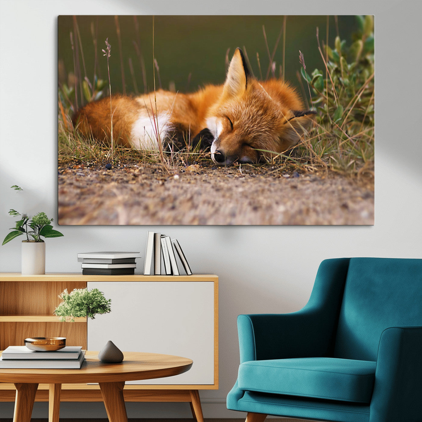 25085-MGV-CV-36X24-Sleeping Fox Wall Art Canvas Print, Framed Rustic Fox Art Picture Print, Wildlife Animal Perfect Rustic Farmhouse Decor Artwork