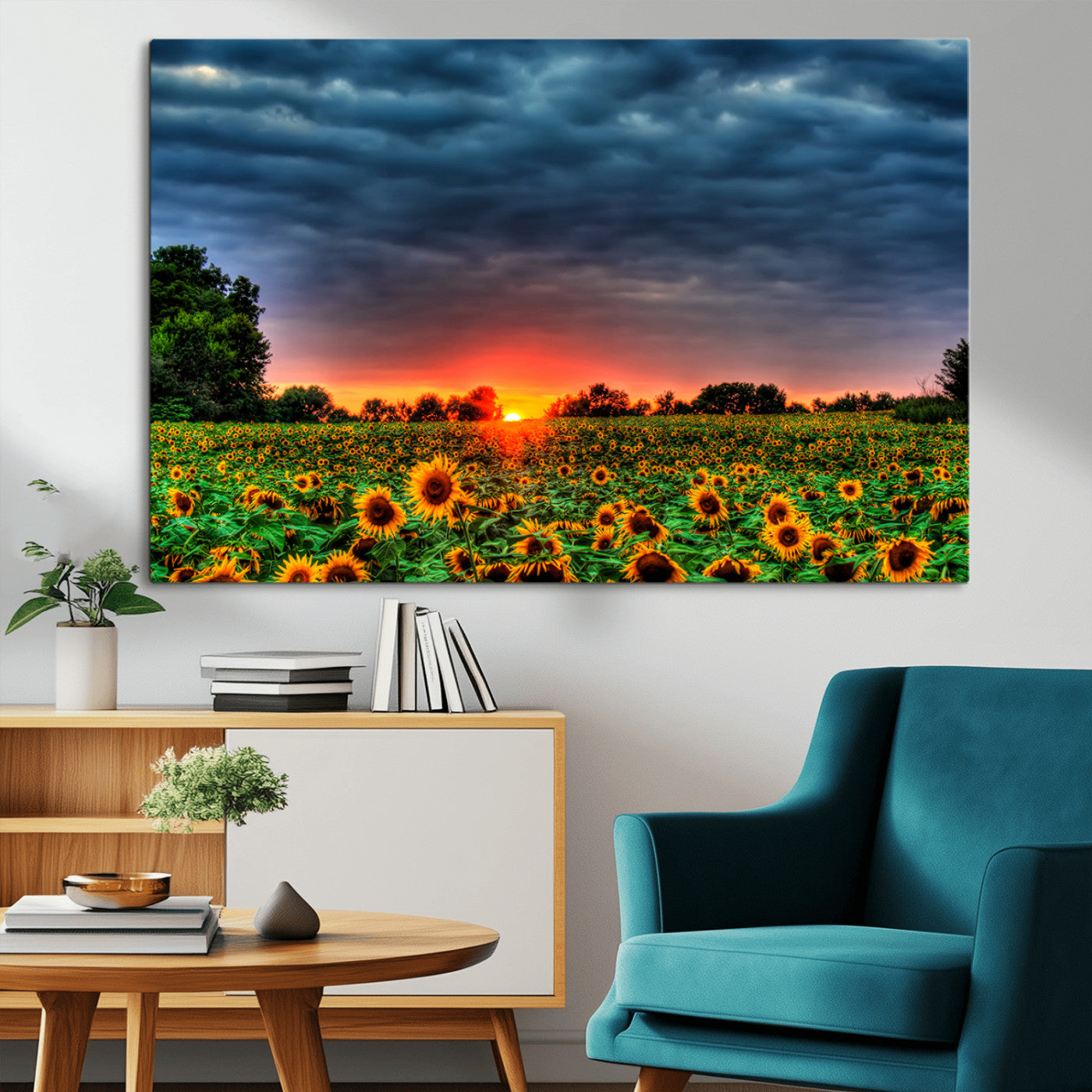 45045-MGV-CV-36X24-Sunflower Field Sunset Wall Art – Dramatic Stormy Sky Landscape Print, Vibrant Yellow Floral Nature Canvas for Living Room,