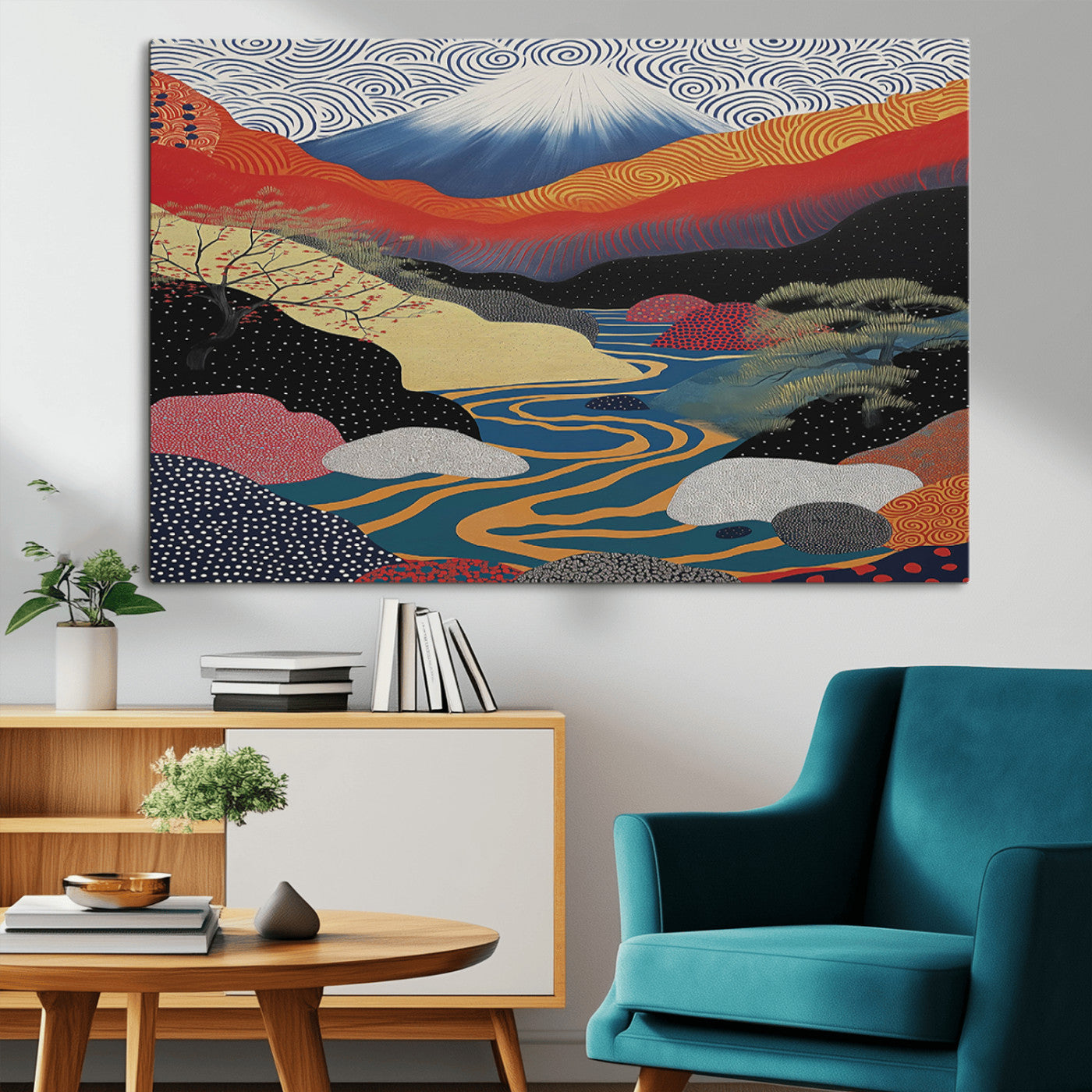 32131-MGV-CV-36X24-Japanese Mount Fuji Wall Art – Abstract Landscape Canvas Print with Swirling Sky & River, Modern Minimalist Asian Inspired Poster