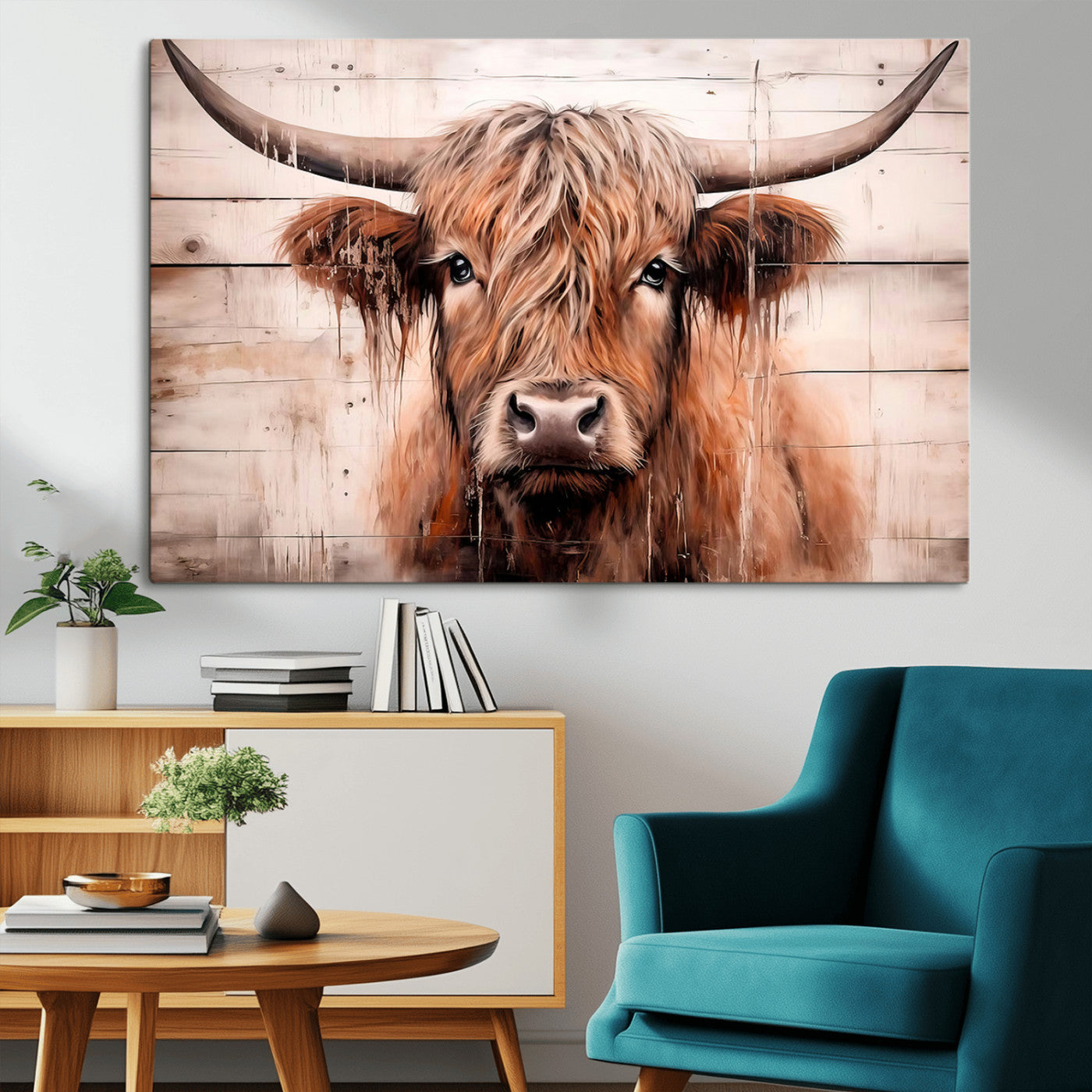 93730-MGV-CV-36X24-Scottish Cow Wall Art Canvas Print, Framed Longhorn Cow Art Picture Print, Highland Cattle Perfect Rustic Farmhouse Decor Artwork