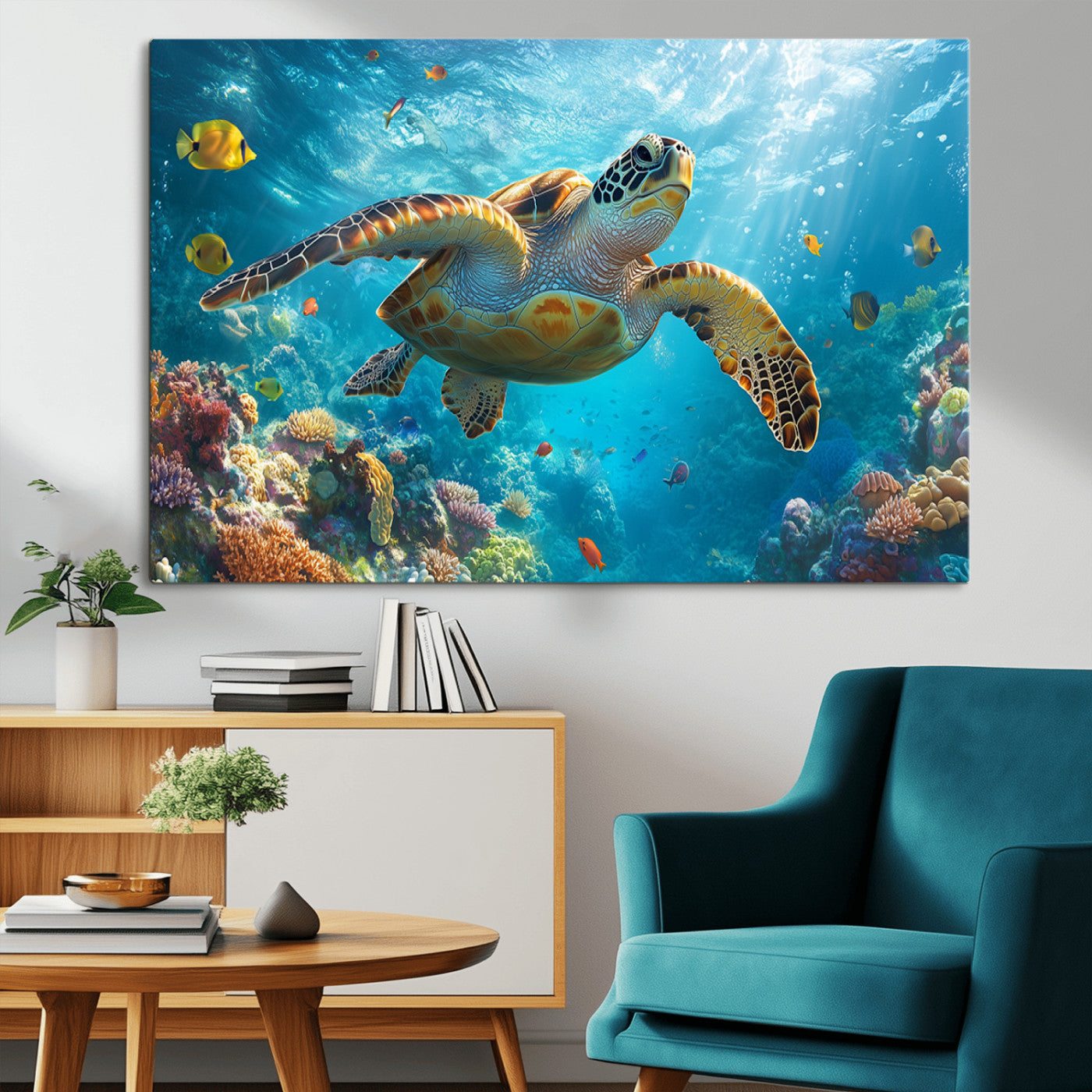 37623-MGV-CV-36X24-Sea Turtle Wall Art – Underwater Ocean Canvas Print with Coral Reef and Tropical Fish, Marine Life Painting Poster for Living