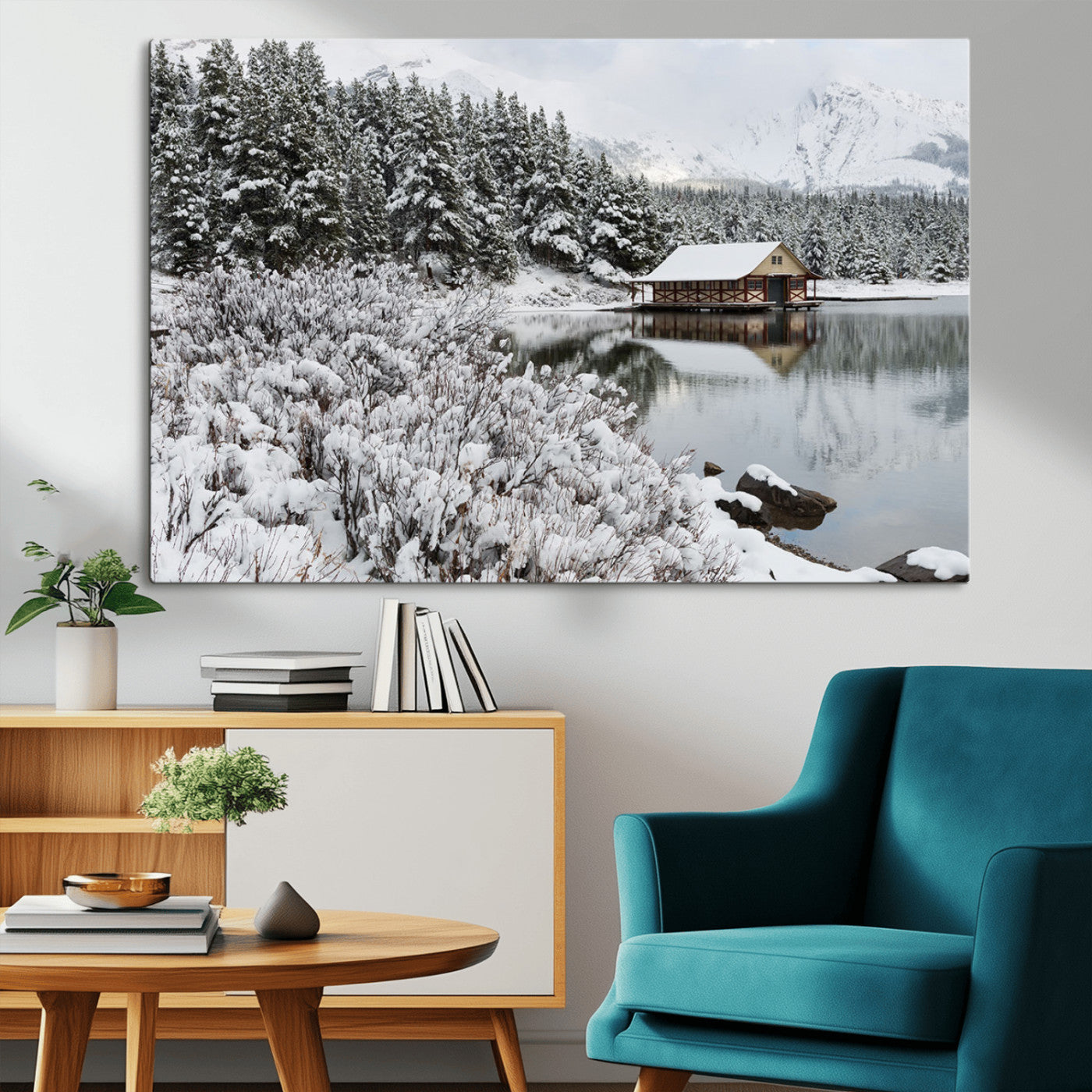29975-MGV-CV-36X24-Winter Cabin by the Lake Wall Art – Snowy Mountain Landscape Canvas Print, Rustic Lodge Cabin Decor for Cozy Living Room, Bedroom