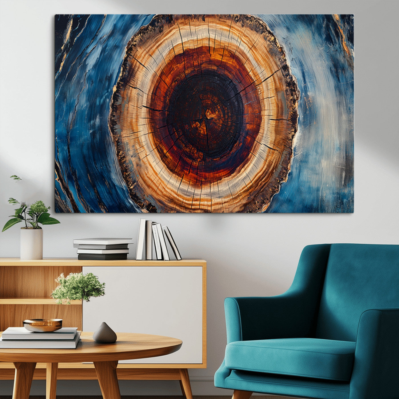 30457-MGV-CV-36X24-Tree Ring Abstract Wall Art – Blue and Brown Wood Grain Canvas Print, Modern Nature Inspired Painting for Rustic Living Room,