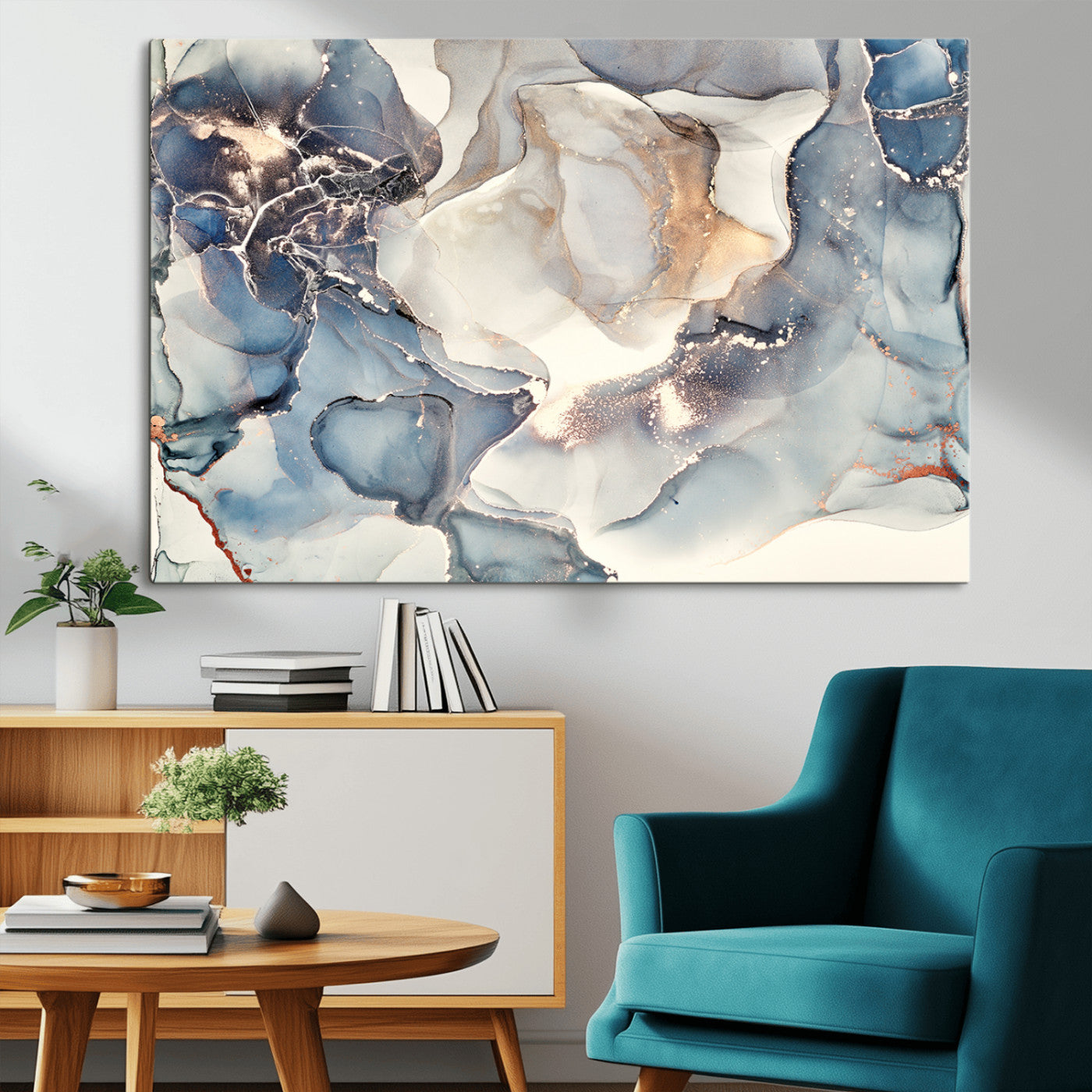 51497-MGV-CV-36X24-Abstract Blue and Gold Wall Art – Modern Fluid Ink Style Canvas Print, Elegant Contemporary Decor for Living Room, Office