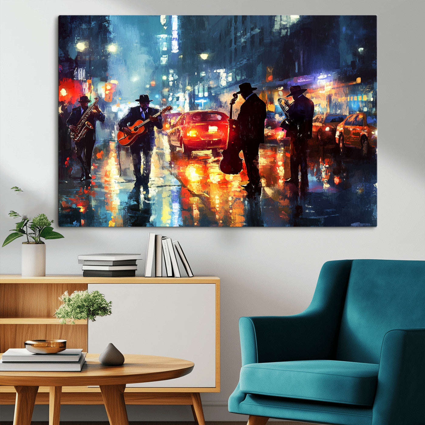 94605-MGV-CV-36X24-City Jazz Night Wall Art – Vibrant Music Canvas Print Featuring Saxophone, Guitar and Bass Players, Urban Street Scene Artwork for