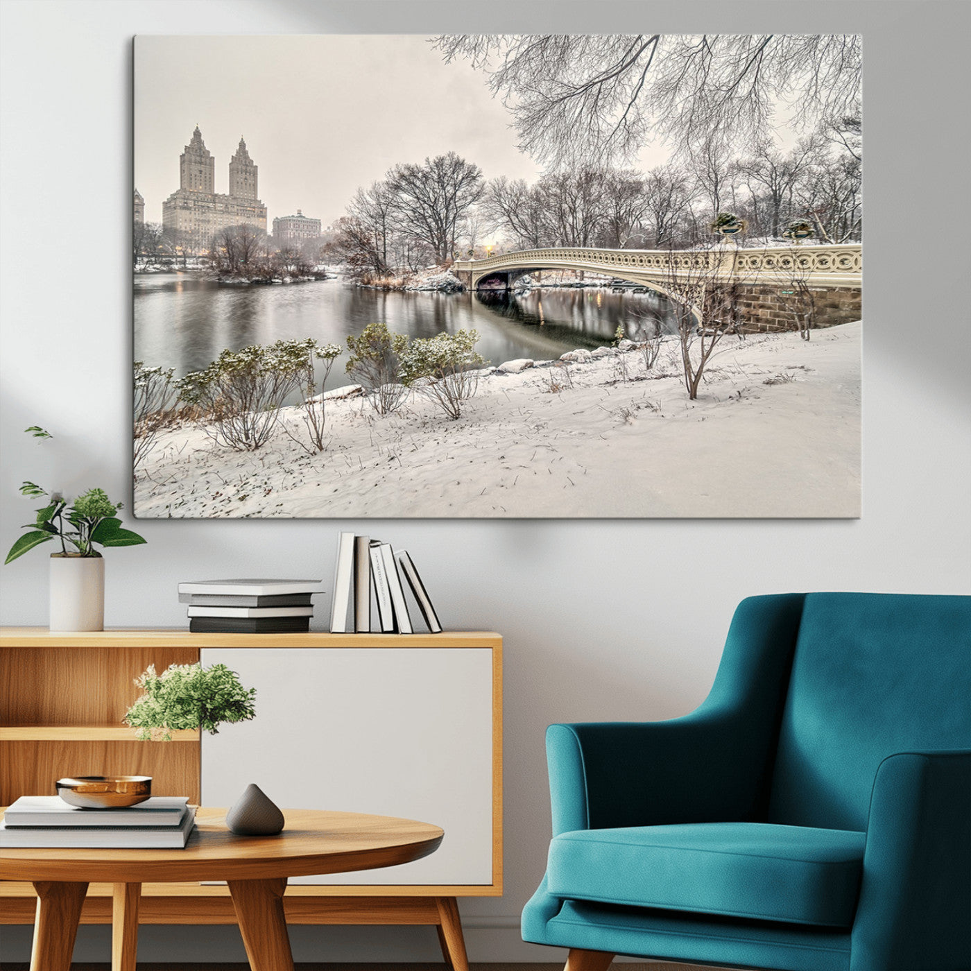 60292-MGV-CV-36X24-Central Park Winter Wall Art – Snowy Bow Bridge Canvas Print, Scenic New York City Landscape Photography for Living Room, Bedroom
