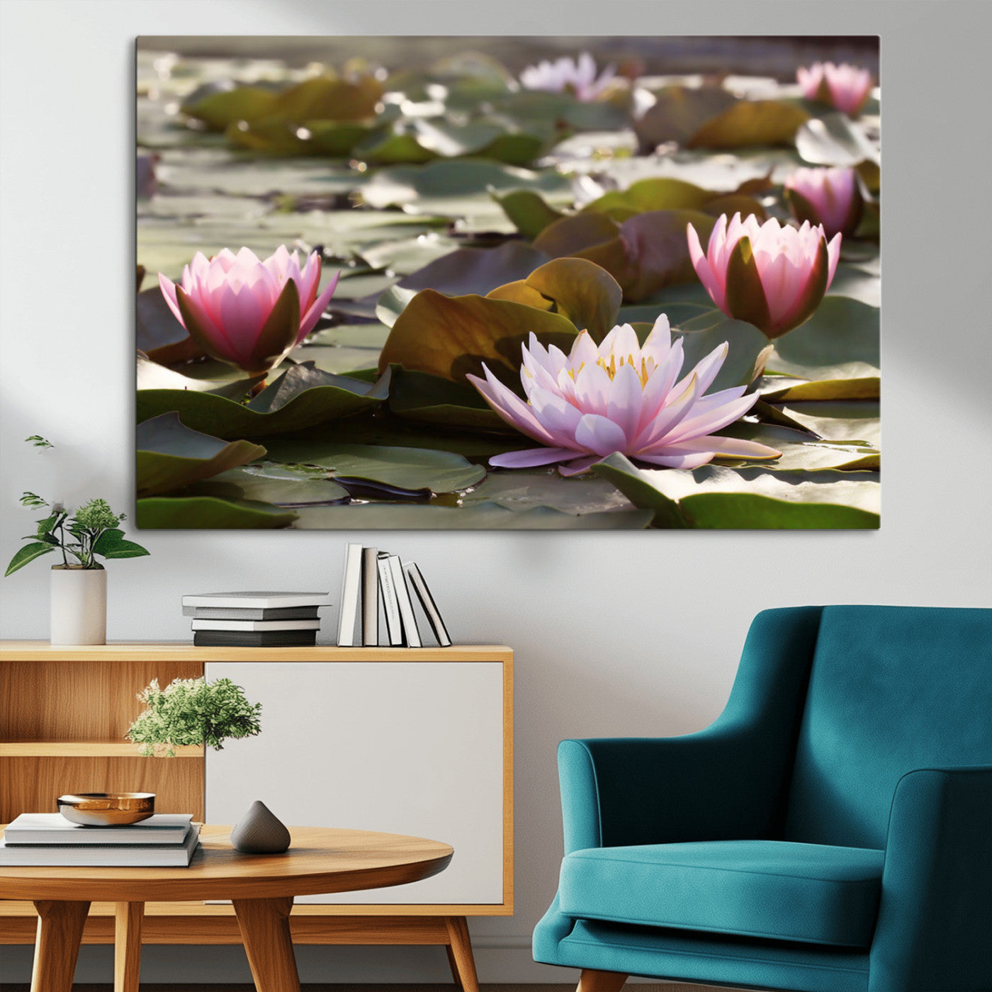 72218-MGV-CV-36X24-Water Lily Pond Wall Art – Pink Lotus Flowers Canvas Print with Green Lily Pads, Peaceful Botanical Artwork for Living Room,