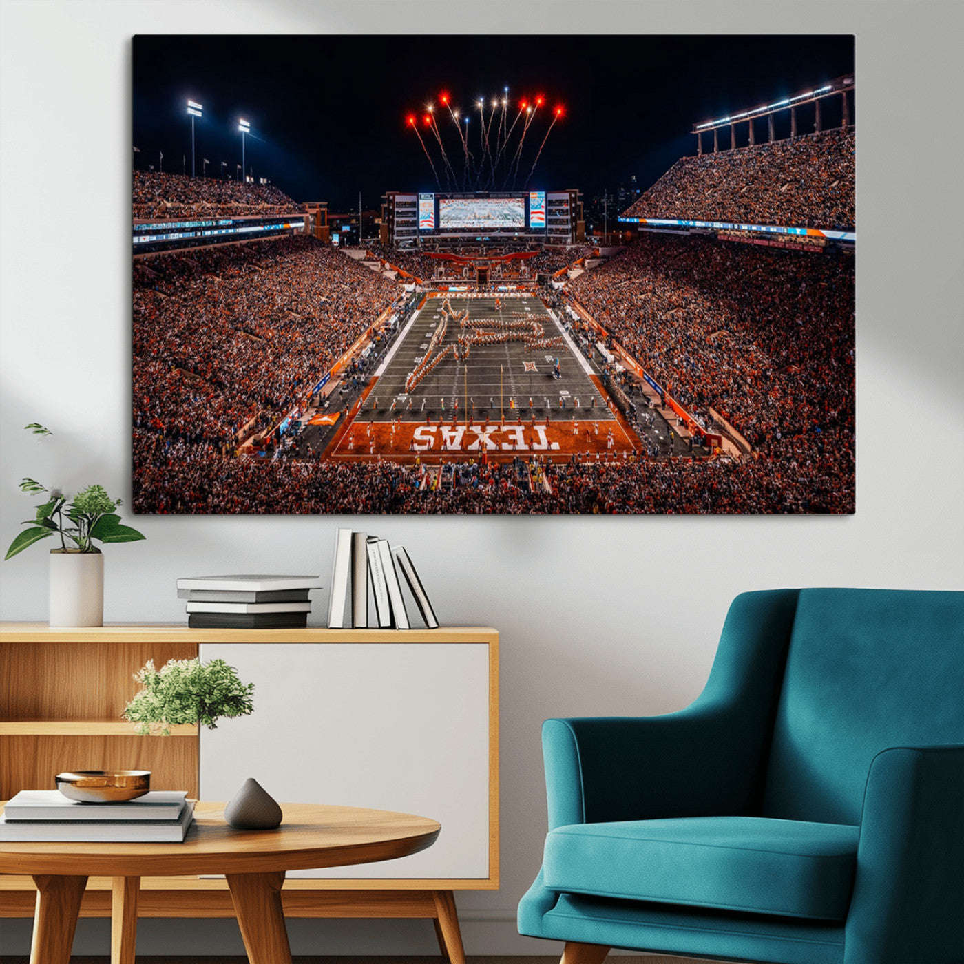 58778-MGV-CV-36X24-Texas Longhorns Stadium Wall Art – Panoramic Football Canvas Print with Game Day Crowd, Fireworks, Sports Artwork for Office or