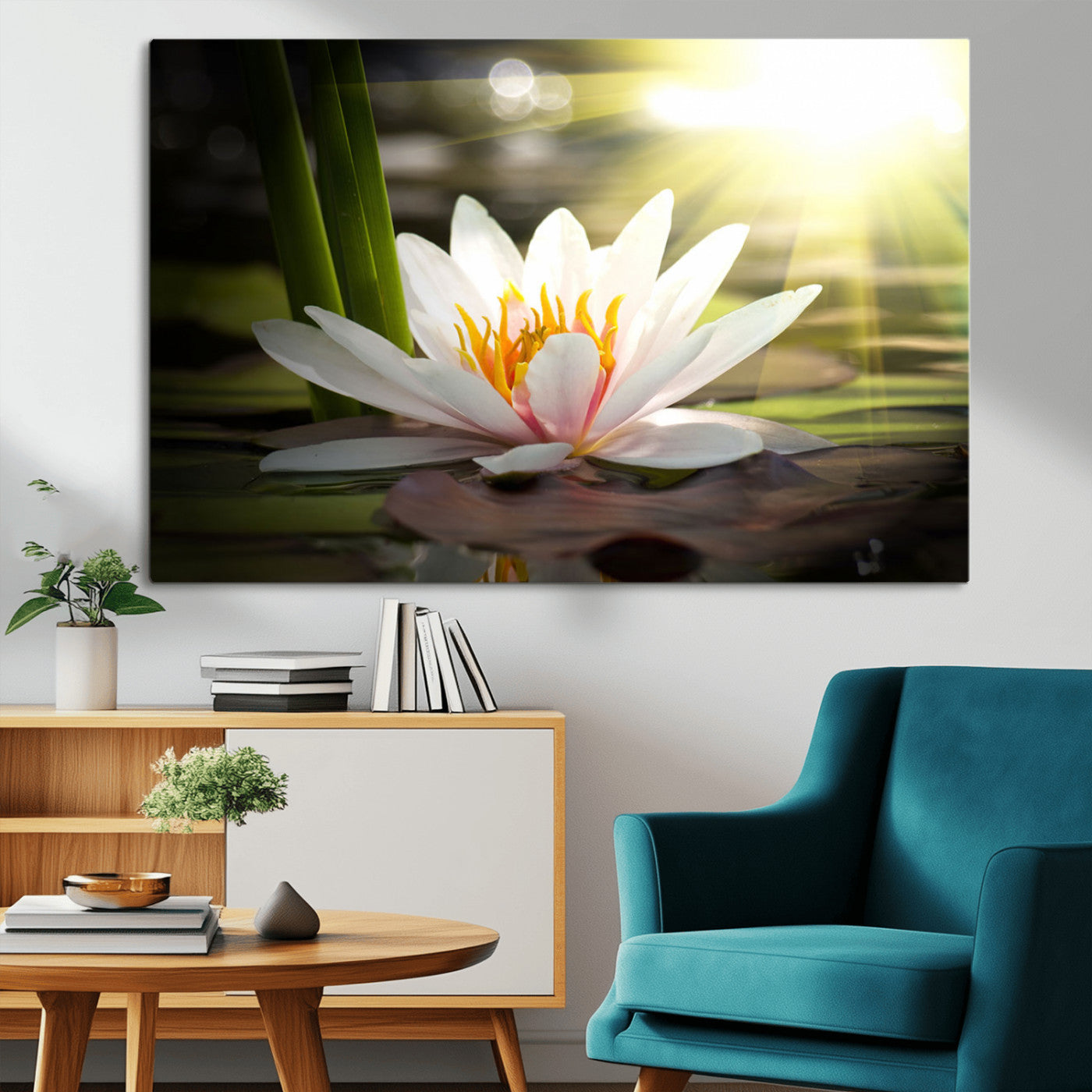 60352-MGV-CV-36X24-White Water Lily Wall Art – Lotus Flower Canvas Print with Sunlight Reflection, Peaceful Botanical Artwork for Living Room,