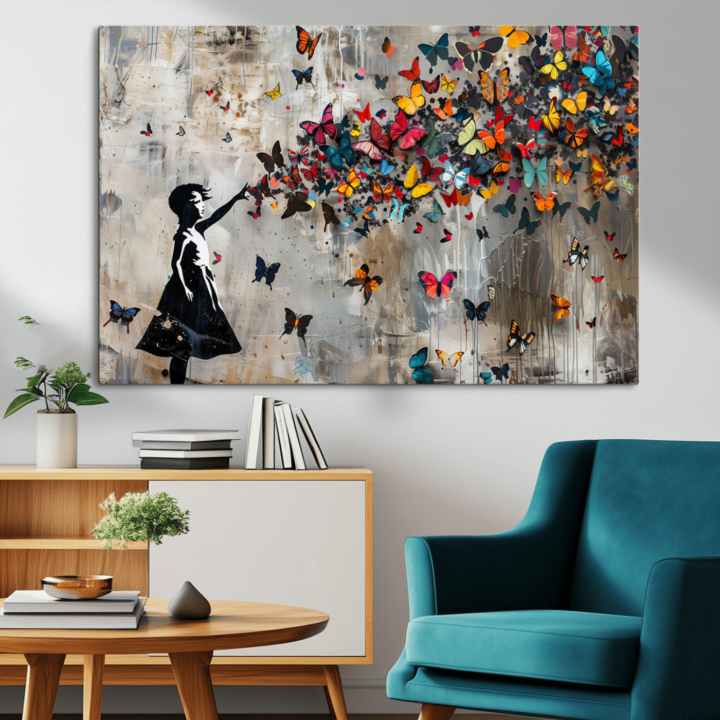 51446-MGV-CV-36X24-Butterfly Wall Art – Modern Street Style Canvas Print with Girl Silhouette and Colorful Butterflies, Contemporary Artwork for