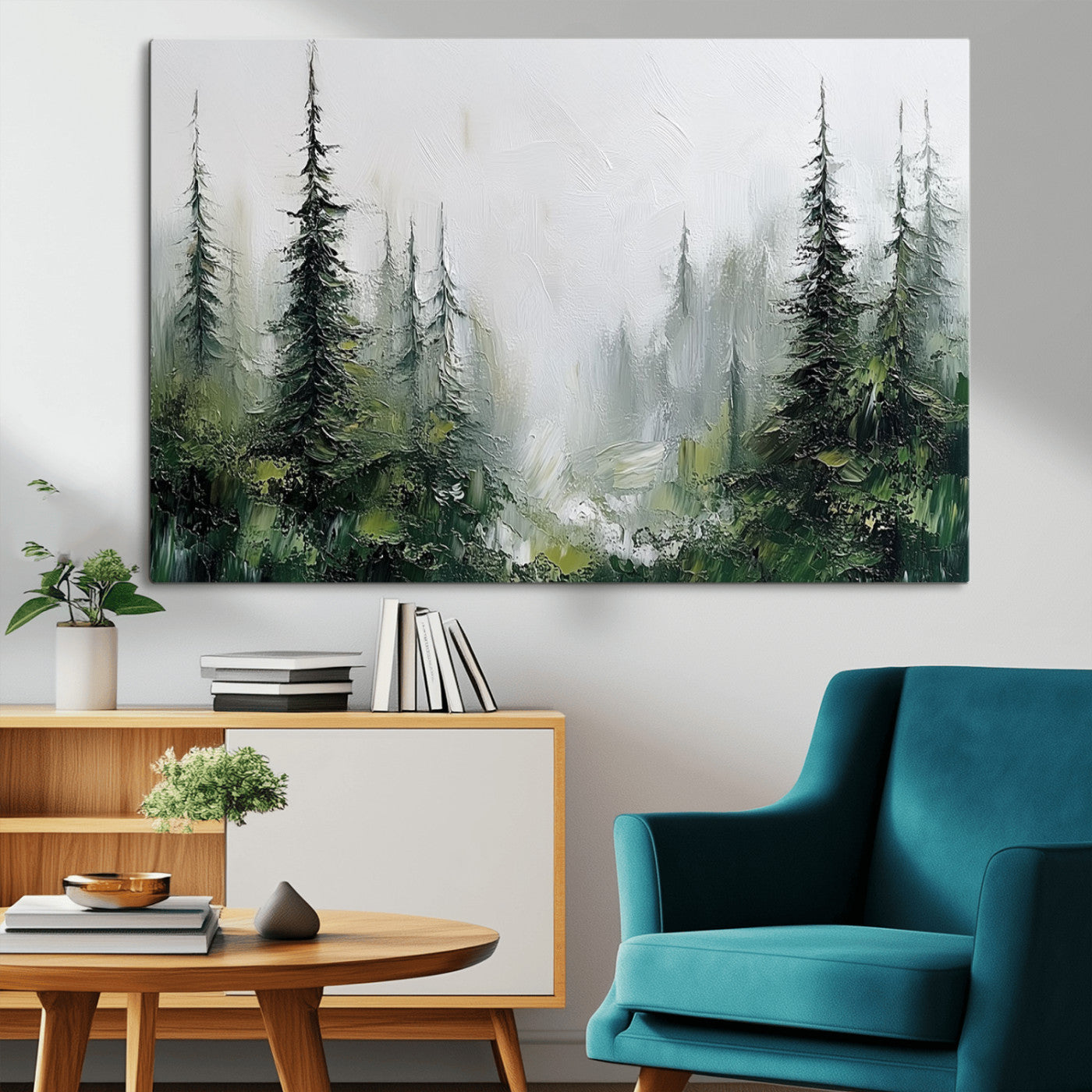 76014-MGV-CV-36X24-Forest Wall Art – Textured Canvas Print Featuring Misty Evergreen Pines and Woodland Landscape, Rustic Nature Artwork for Living