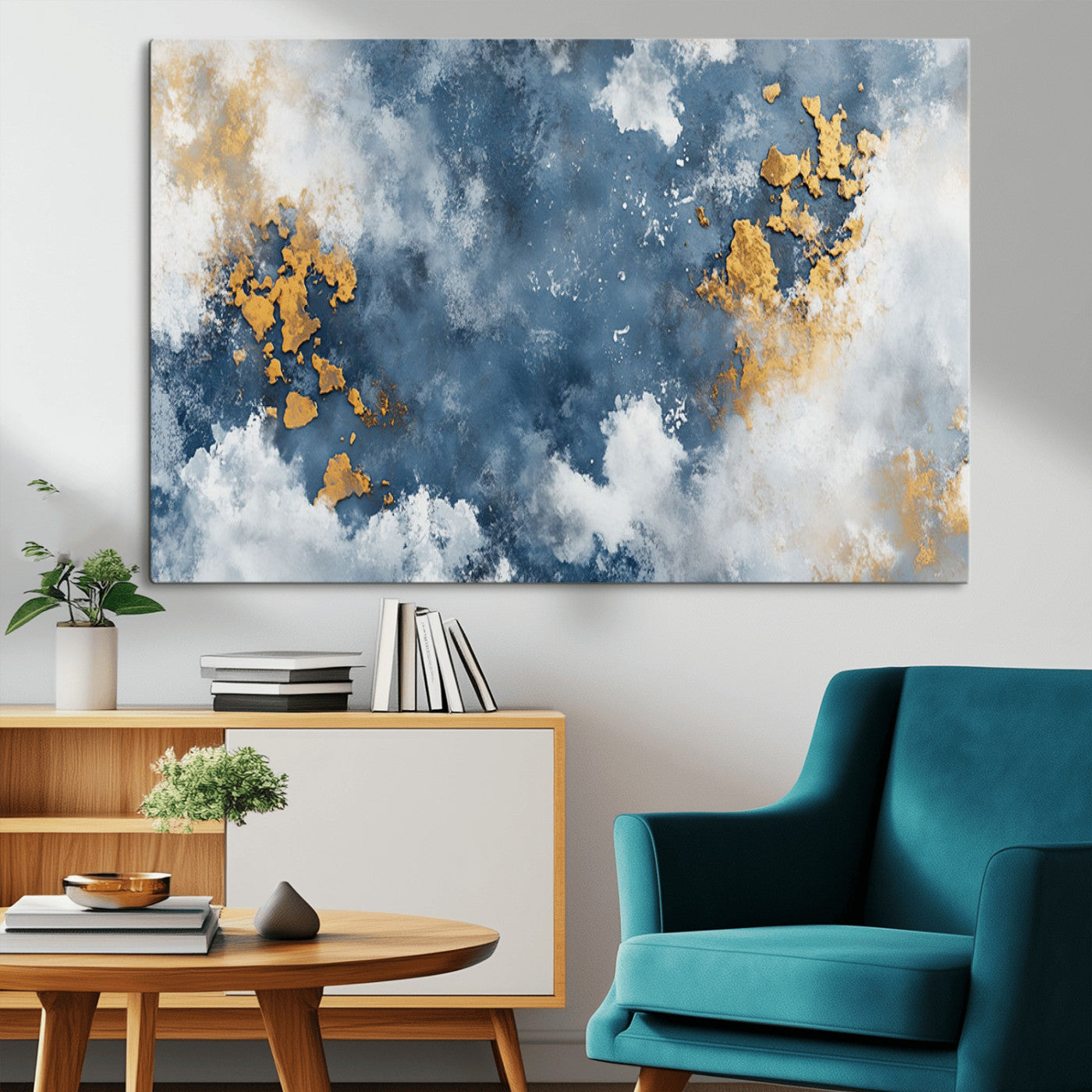 39575-MGV-CV-36X24-Blue and Gold Abstract Wall Art – Modern Canvas Print Featuring Cloudy Textures with Metallic Accents, Contemporary Artwork for